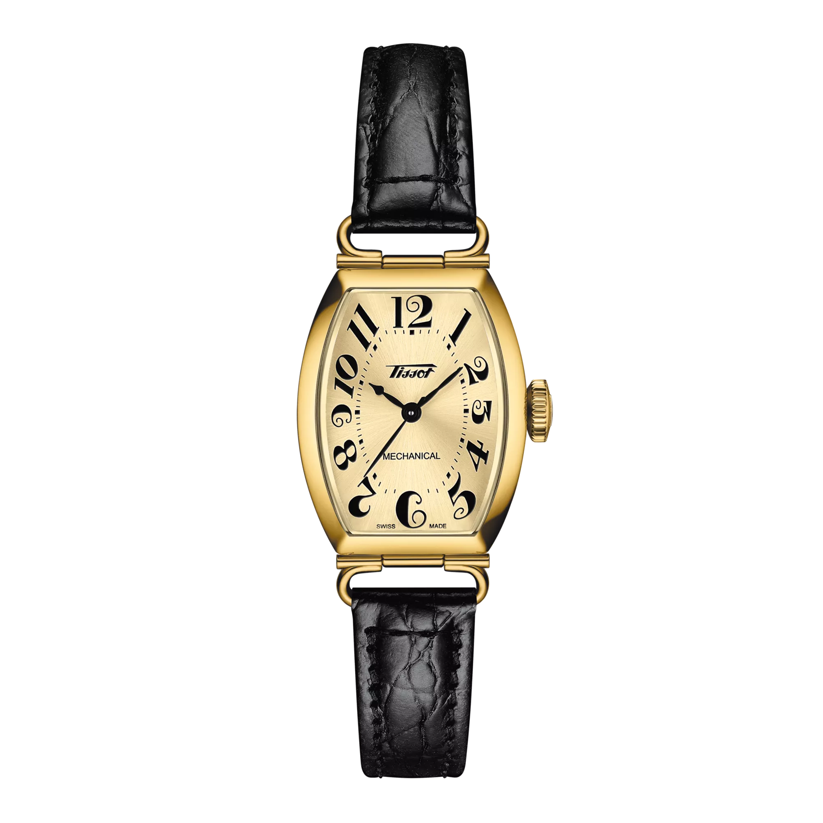 Tissot Heritage Porto Mechanical Small Lady 22mm Watch T1281613626200, Tonneau Case, Ivory Dial, Swiss Mechanical, See-Through Caseback, Black Leather Strap, 30m Water Resistance