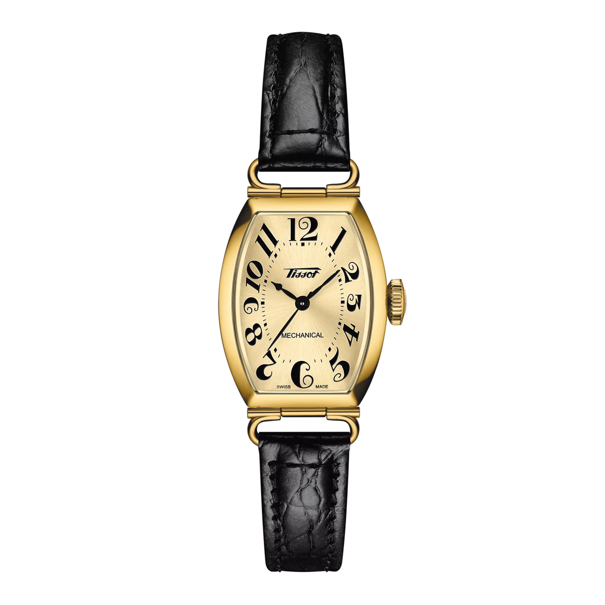 Tissot Heritage Porto Mechanical Small Lady 22mm Watch T1281613626200, Tonneau Case, Ivory Dial, Swiss Mechanical, See-Through Caseback, Black Leather Strap, 30m Water Resistance