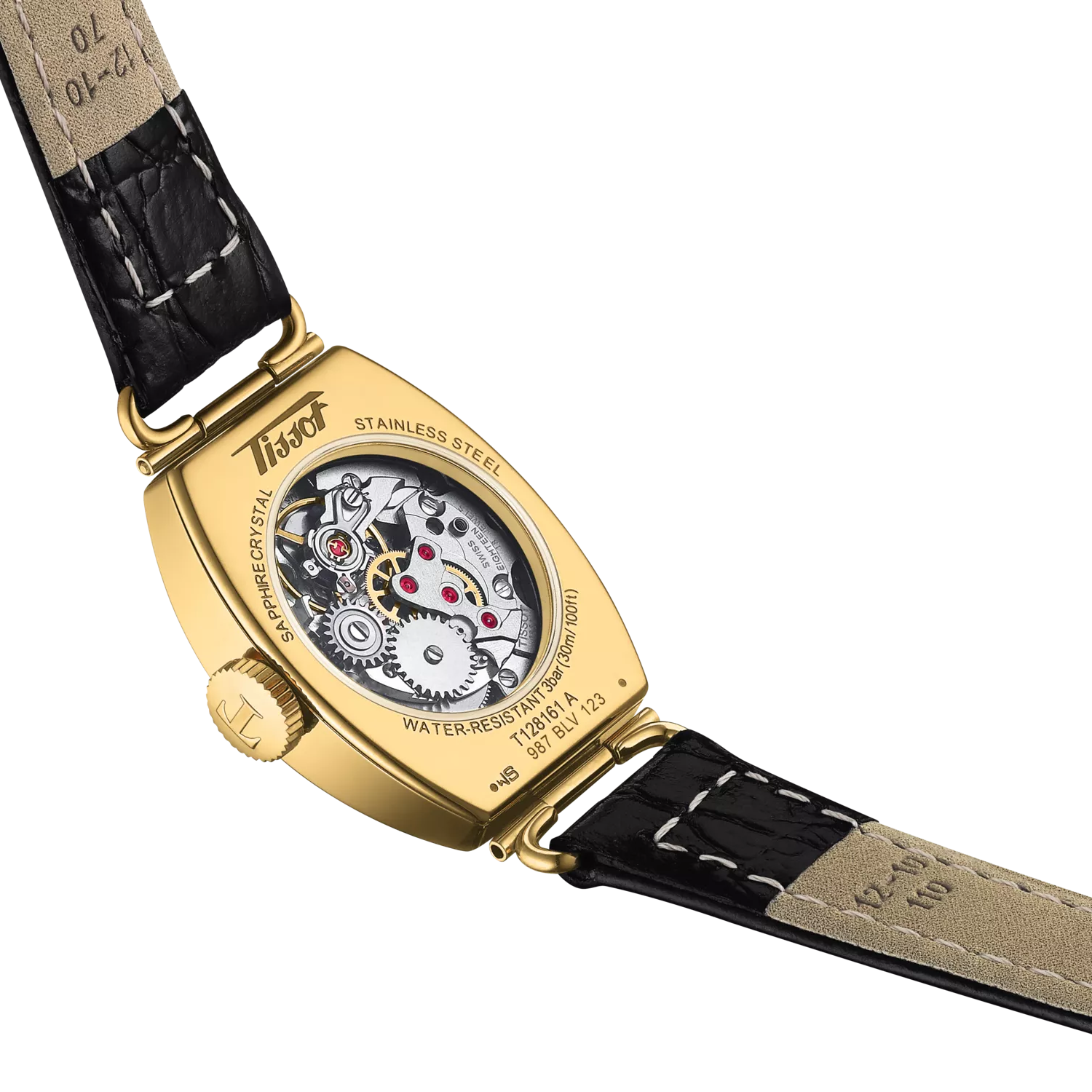 Tissot Heritage Porto Mechanical Small Lady 22mm Watch T1281613626200, Tonneau Case, Ivory Dial, Swiss Mechanical, See-Through Caseback, Black Leather Strap, 30m Water Resistance