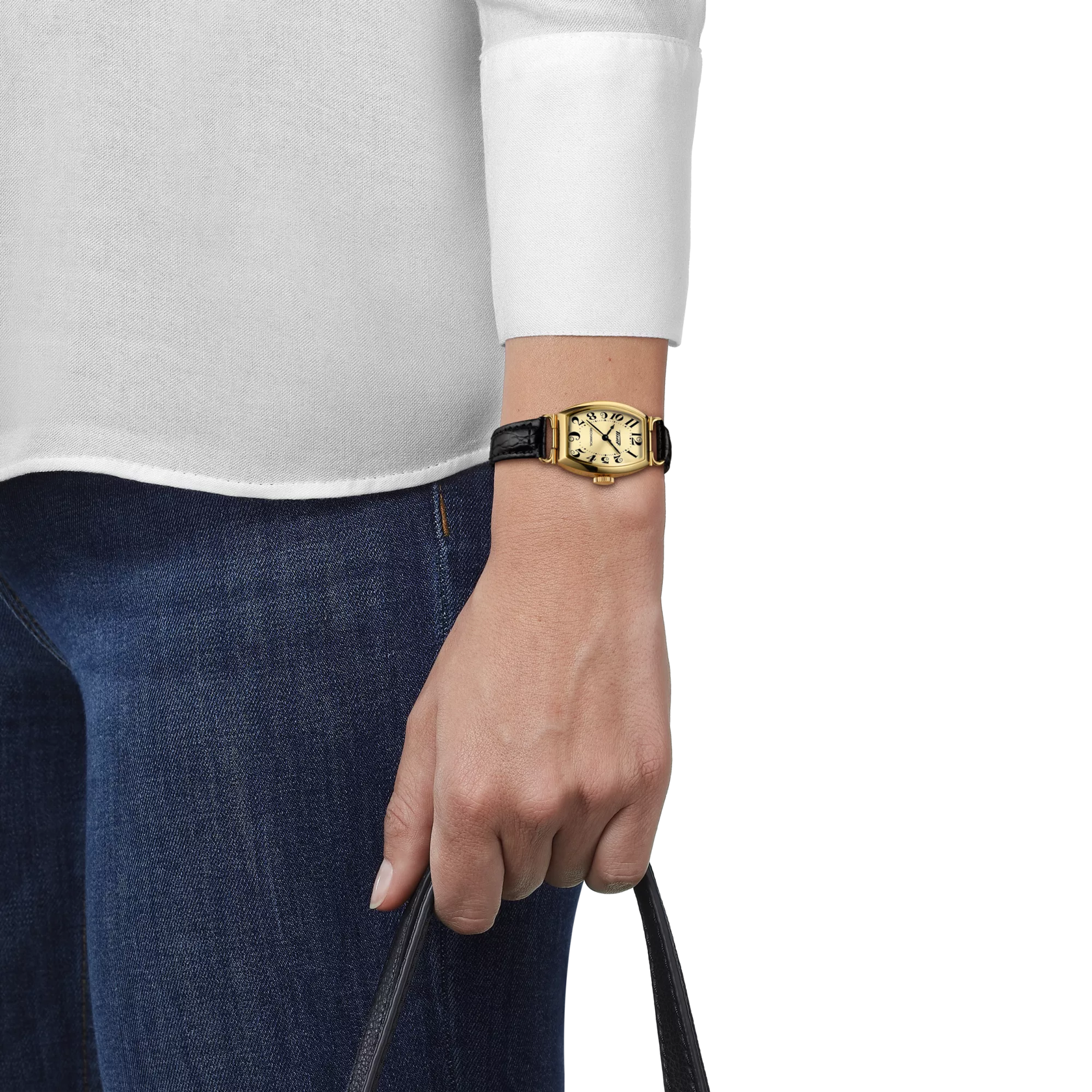 Tissot Heritage Porto Mechanical Small Lady 22mm Watch T1281613626200, Tonneau Case, Ivory Dial, Swiss Mechanical, See-Through Caseback, Black Leather Strap, 30m Water Resistance