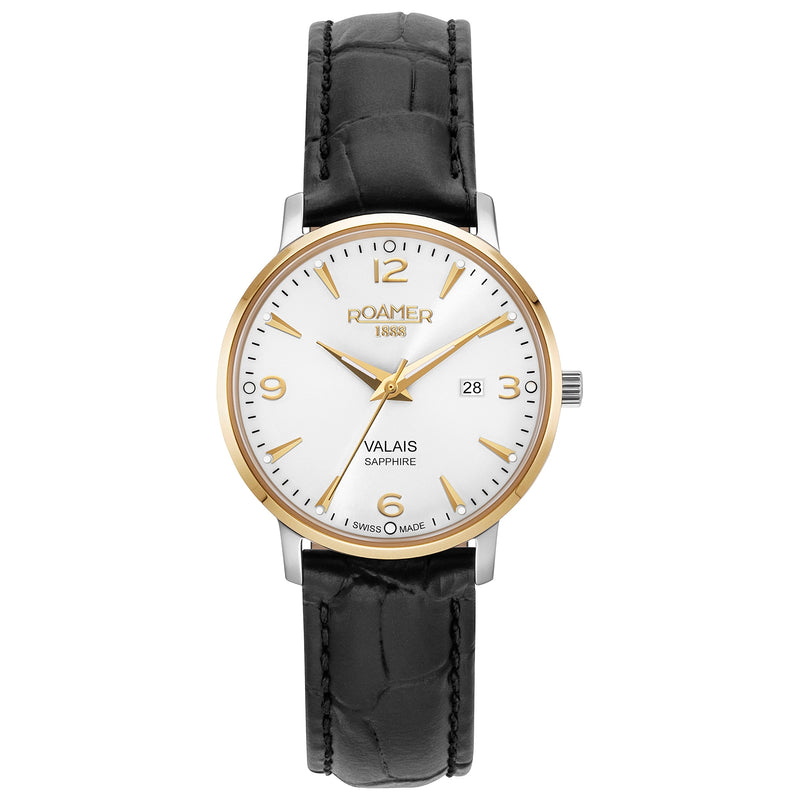 Roamer Valais 32 mm Ladies Battery Watch – Swiss Made, Gold Stainless Steel, Sapphire Crystal, Black Leather Strap, 5ATM Water Resistance