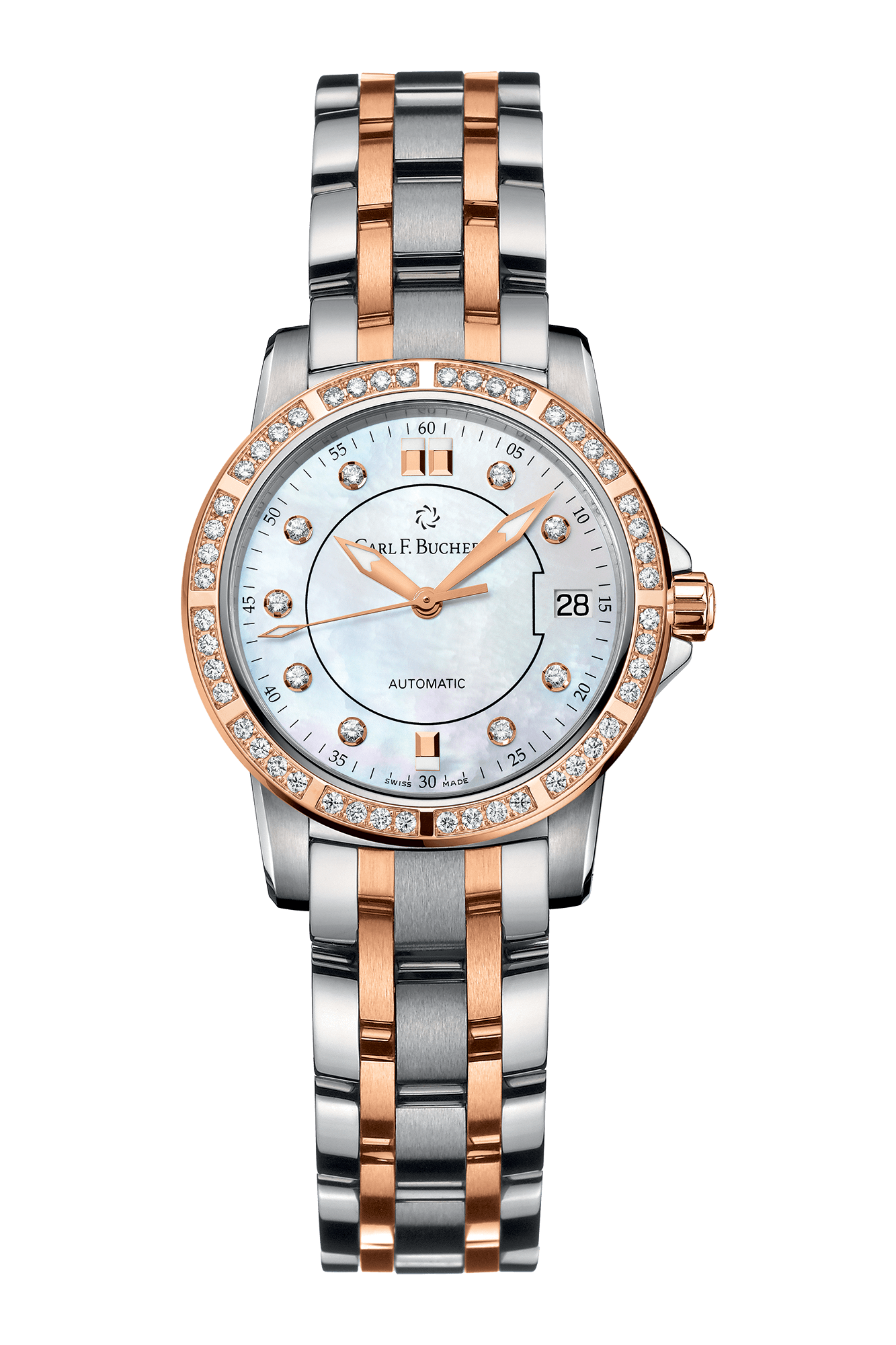 Carl F. Bucherer Patravi Women's 27mm Automatic Watch 00.10621.07.77.31 – Swiss Automatic Movement, Mother-of-Pearl Dial with Diamond Markers, Two-Tone Stainless Steel & 18K Rose Gold Case, 30m Water Resistance