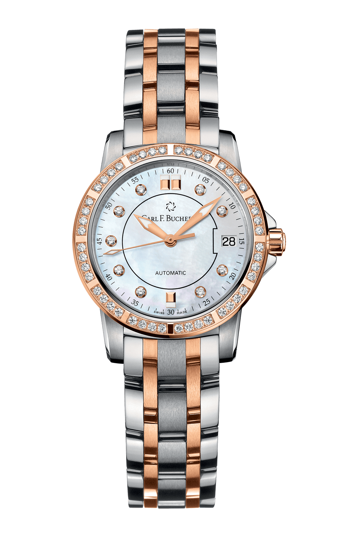 Carl F. Bucherer Patravi Women's 27mm Automatic Watch 00.10621.07.77.31 – Swiss Automatic Movement, Mother-of-Pearl Dial with Diamond Markers, Two-Tone Stainless Steel & 18K Rose Gold Case, 30m Water Resistance