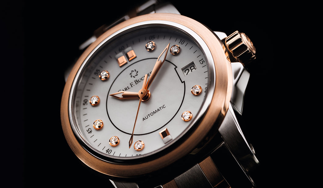 Carl F. Bucherer Patravi Women's 27mm Automatic Watch 00.10621.07.77.31 – Swiss Automatic Movement, Mother-of-Pearl Dial with Diamond Markers, Two-Tone Stainless Steel & 18K Rose Gold Case, 30m Water Resistance