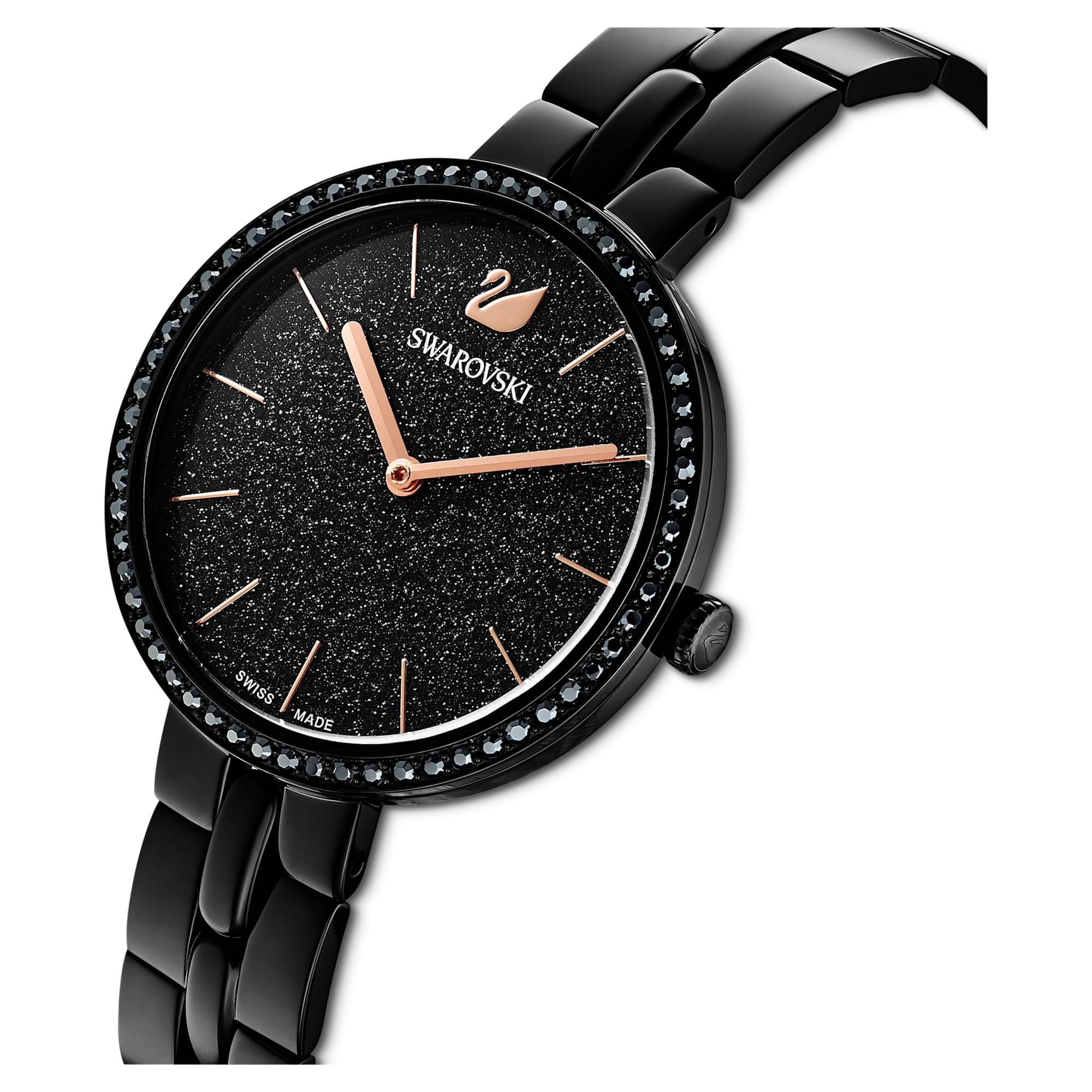 Swarovski Cosmopolitan Black Crystal & Rose Tone Watch – PVD Coated Case & Bracelet | Swiss-Made Quartz Timepiece