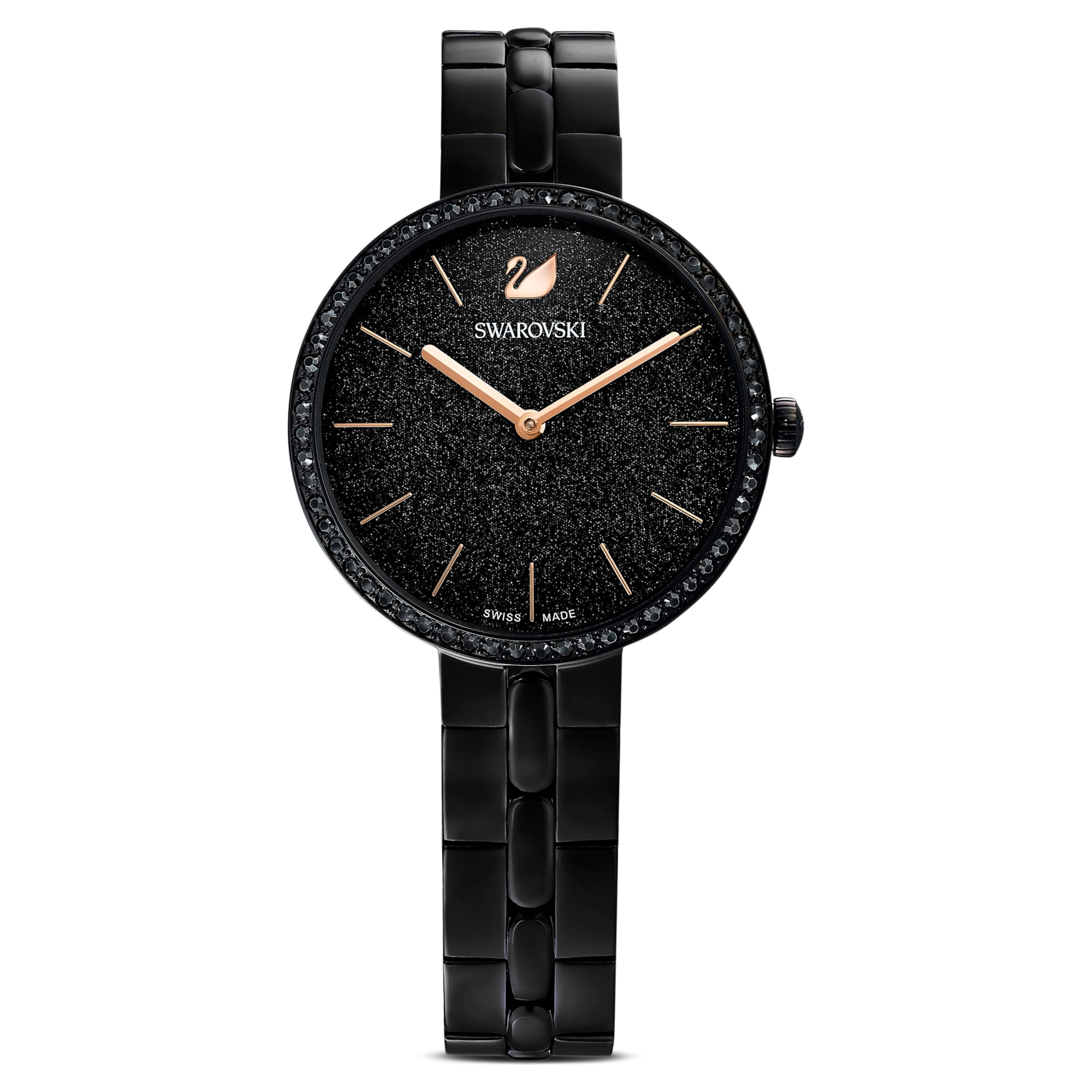 Swarovski Cosmopolitan Black Crystal & Rose Tone Watch – PVD Coated Case & Bracelet | Swiss-Made Quartz Timepiece