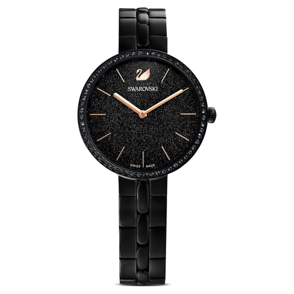 Swarovski Cosmopolitan Black Crystal & Rose Tone Watch – PVD Coated Case & Bracelet | Swiss-Made Quartz Timepiece