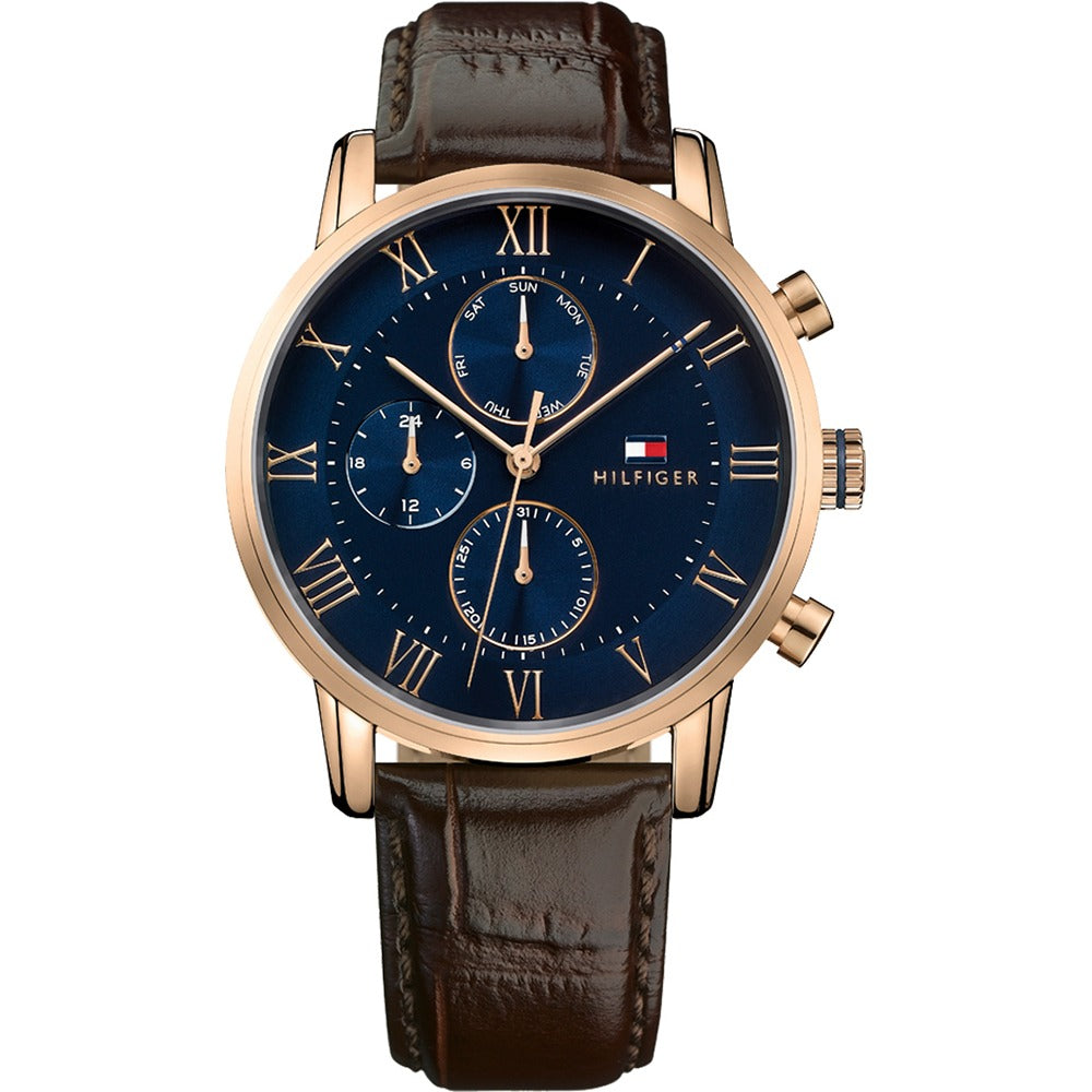 Tommy Hilfiger 1791399 Watch – 44mm Rose Gold Stainless Steel, Blue Dial, Brown Leather Strap, Water Resistant