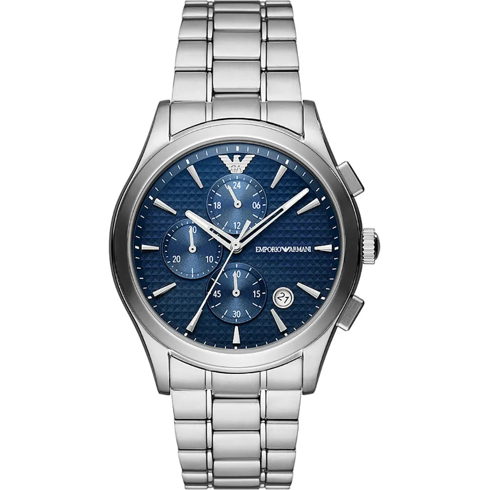 Emporio Armani AR11528 Men’s Watch – 43mm Silver Stainless Steel, Blue Dial, Quartz Movement