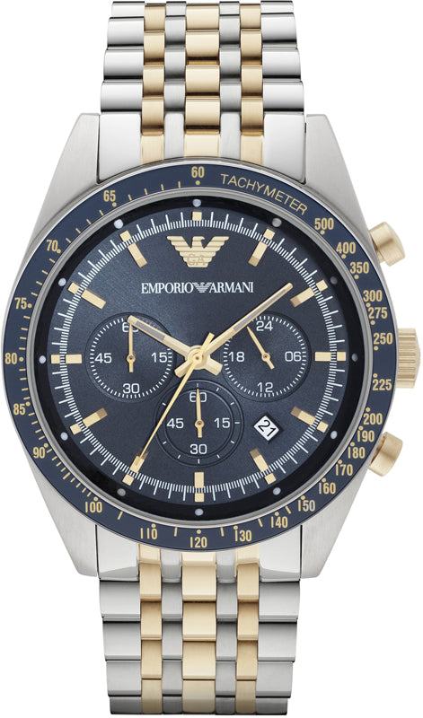 Emporio Armani AR6088 Chronograph Men’s Watch – 46mm Silver Stainless Steel, Blue Dial, Gold Hands, Quartz Movement