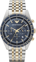 Emporio Armani AR6088 Chronograph Men’s Watch – 46mm Silver Stainless Steel, Blue Dial, Gold Hands, Quartz Movement