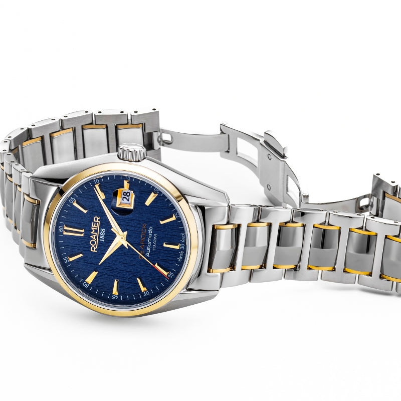 Roamer Searock I Men's Automatic II Watch – 42 mm Blue Pattern Dial, Stainless Steel & Gold Bracelet, Swiss Mechanical Movement