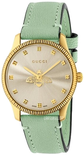Gucci G-Timeless YA1265040 Ladies Watch – 29mm Gold-Tone Stainless Steel, Silver Dial, Green Leather Strap, Sapphire Crystal, Swiss Made