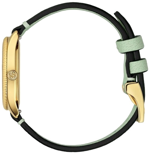Gucci G-Timeless YA1265040 Ladies Watch – 29mm Gold-Tone Stainless Steel, Silver Dial, Green Leather Strap, Sapphire Crystal, Swiss Made