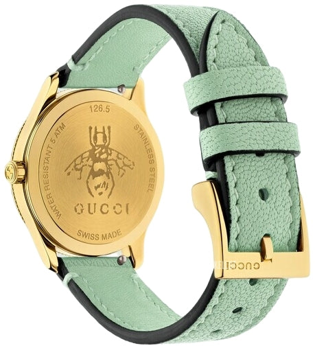 Gucci G-Timeless YA1265040 Ladies Watch – 29mm Gold-Tone Stainless Steel, Silver Dial, Green Leather Strap, Sapphire Crystal, Swiss Made