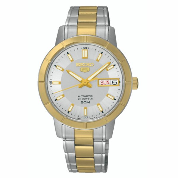 Seiko 5 Automatic Silver Dial Two-Tone Ladies Watch SNK892K1 – Japanese Made 36mm, Stainless Steel, Self-Winding, Hardlex Crystal, Day-Date Display, 50M Water Resistance