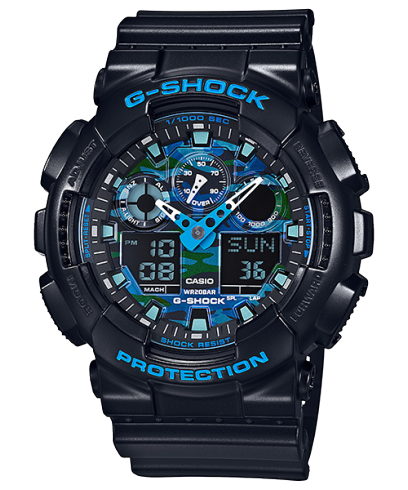 Casio G-Shock GA100CB-1A Watch | Blue Camouflage Dial, Magnetic Resistant, 200M Water Resistant