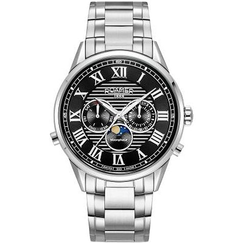 Roamer Superior Moonphase II 43 mm Men's Watch – Black Dial, Stainless Steel Case & Bracelet, Swiss Quartz Movement
