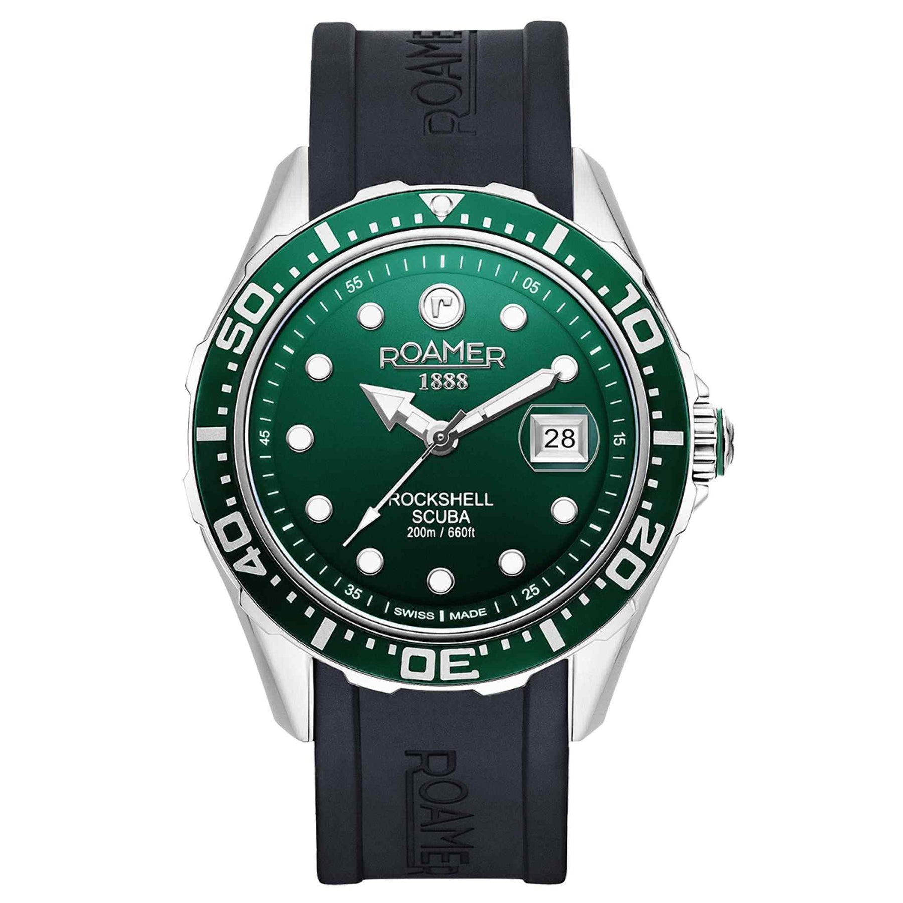 Roamer Rockshell Mark III Scuba 45mm Men's Watch – Swiss Made, Green Dial, 200M Water Resistance, Quartz Movement