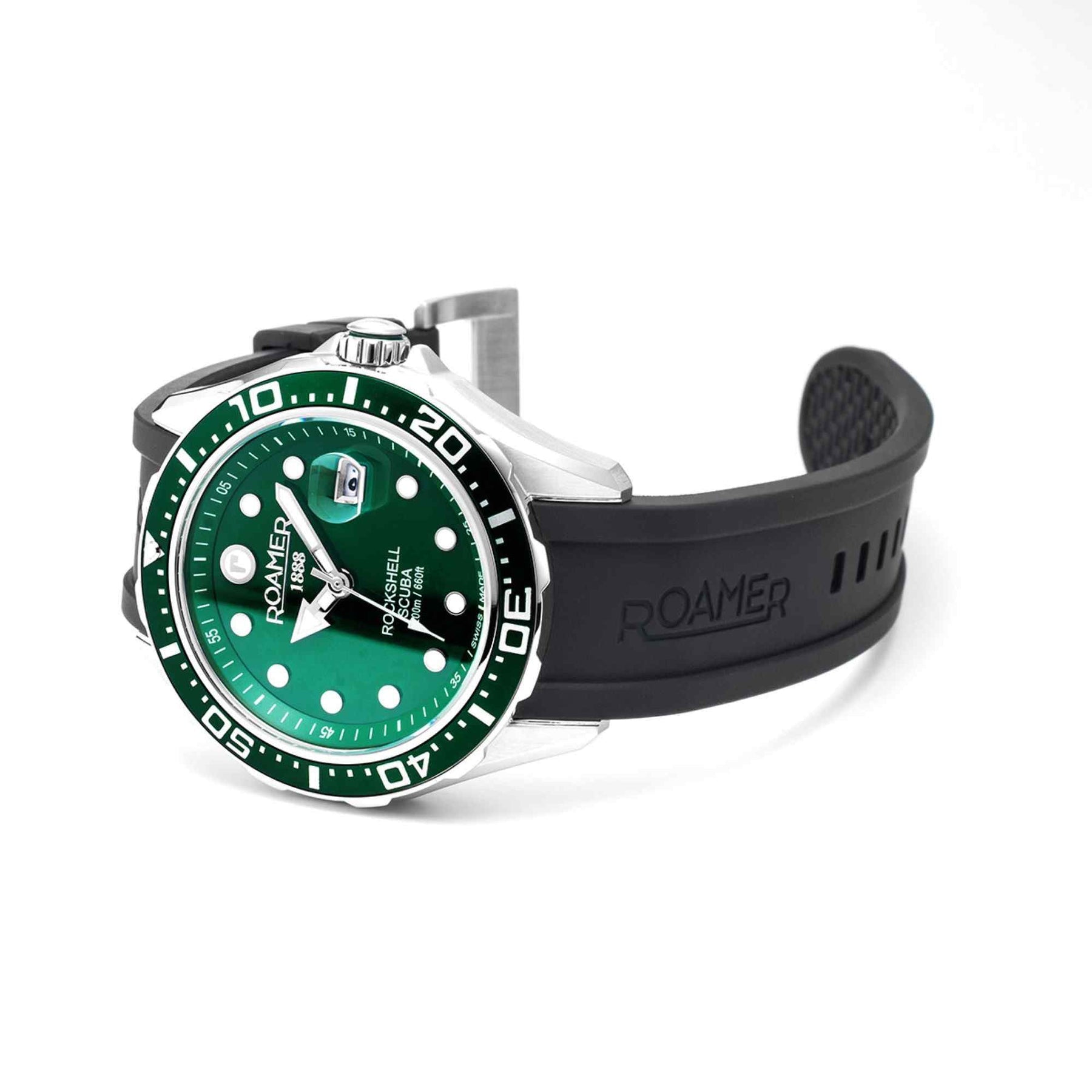 Roamer Rockshell Mark III Scuba 45mm Men's Watch – Swiss Made, Green Dial, 200M Water Resistance, Quartz Movement