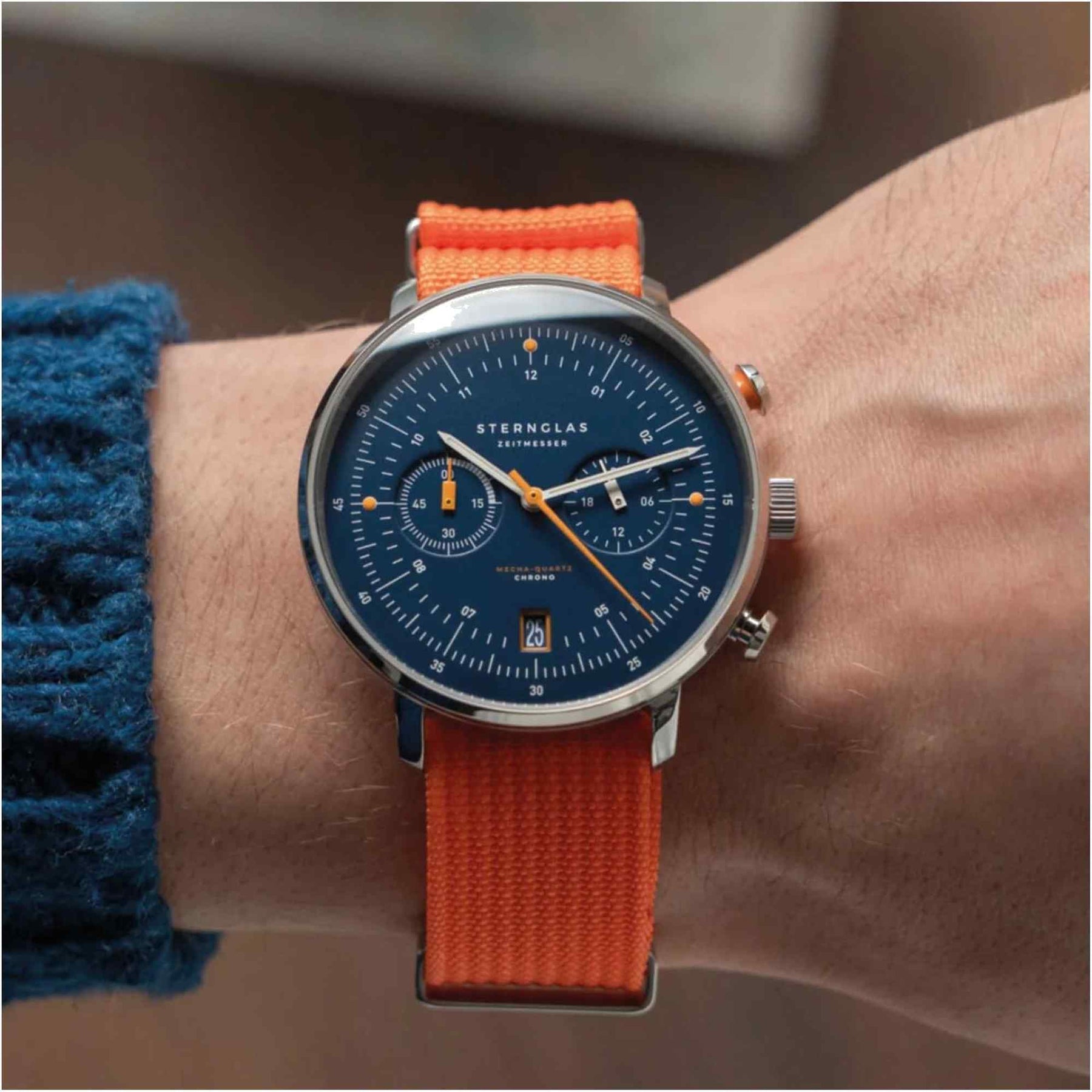 Sternglas Hamburg Chronograph Küste Edition 42mm Watch S01-HC06-FI02, Dark Blue Dial, Sapphire Crystal, Signal Orange Nylon Strap, 5 ATM Water Resistant