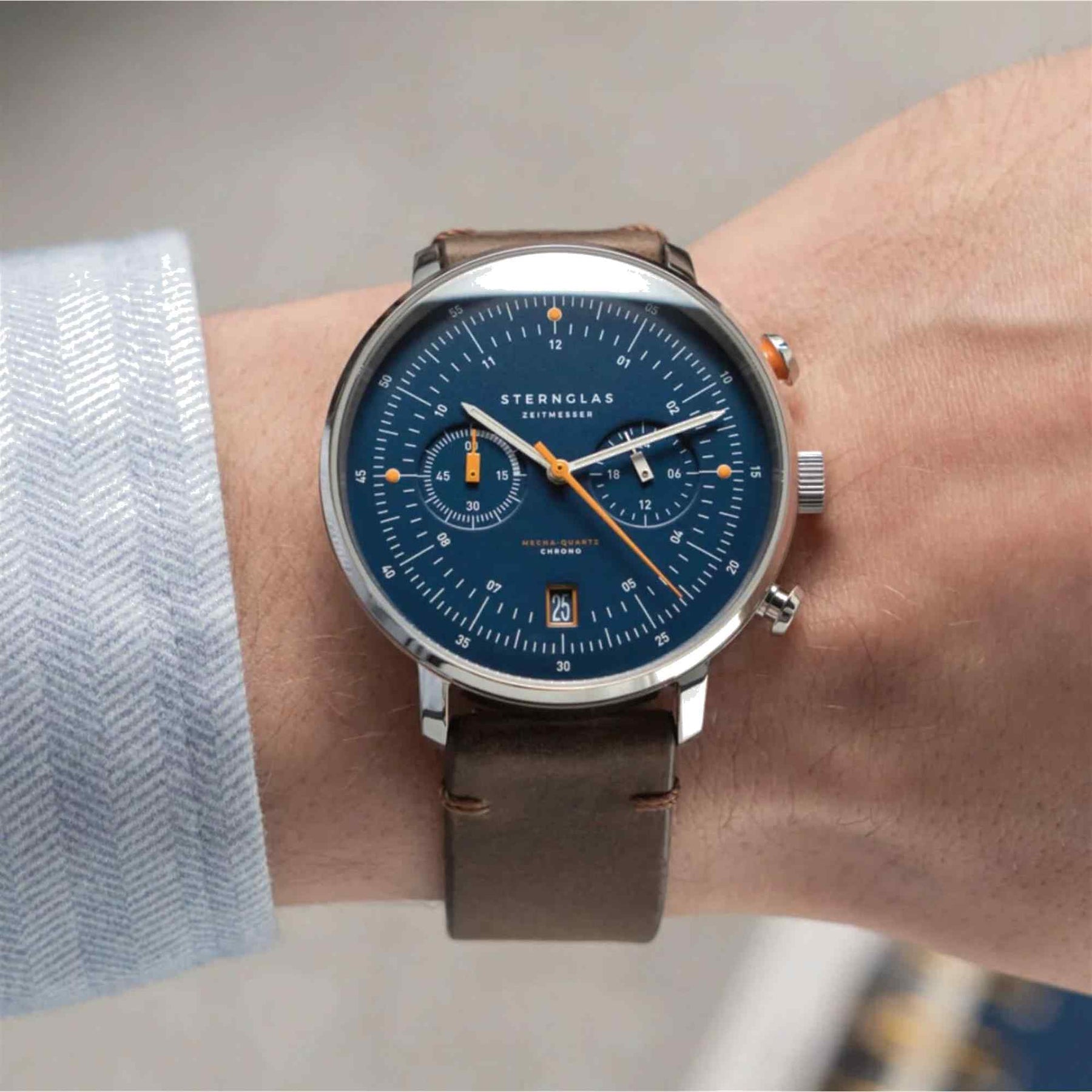 Sternglas Hamburg Chronograph Küste Edition 42mm Watch S01-HC06-VI11, Dark Blue Dial, Sapphire Crystal, Vintage Mocha Leather Strap, 5 ATM Water Resistant