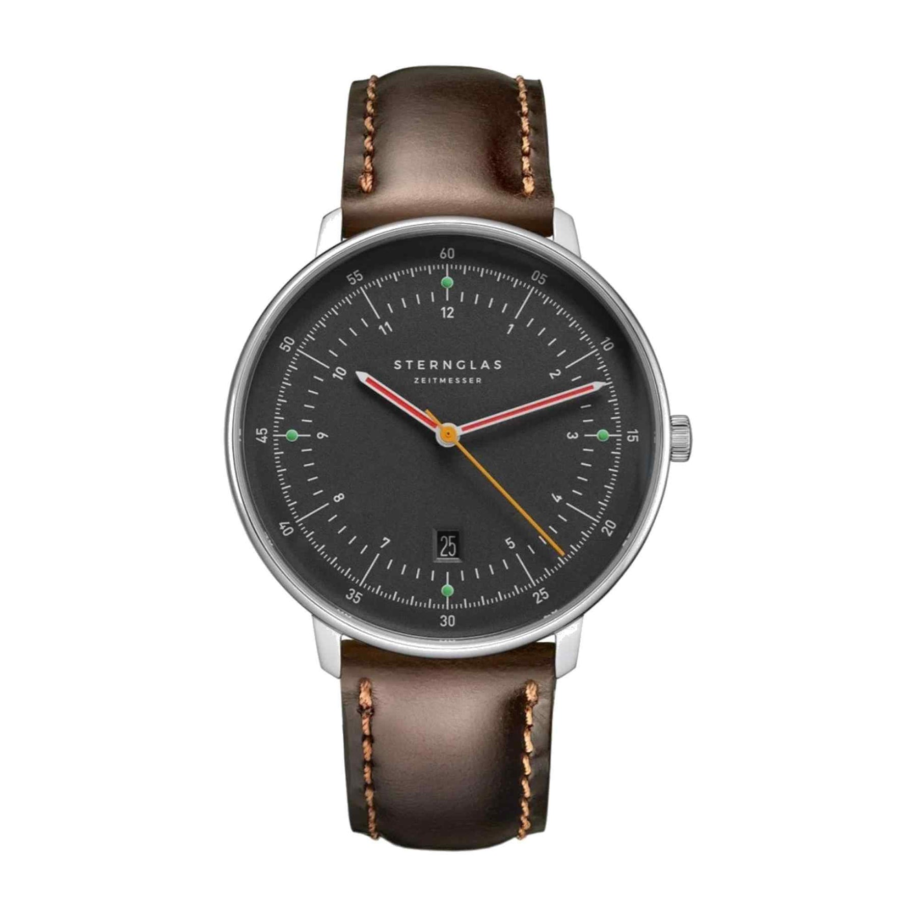 Sternglas HAMBURG 42mm Quartz Watch S01-HH39-BR03, Graphite Grey Dial, Sapphire Crystal, Bridle Dark Brown Leather Strap, 5 ATM Water Resistant