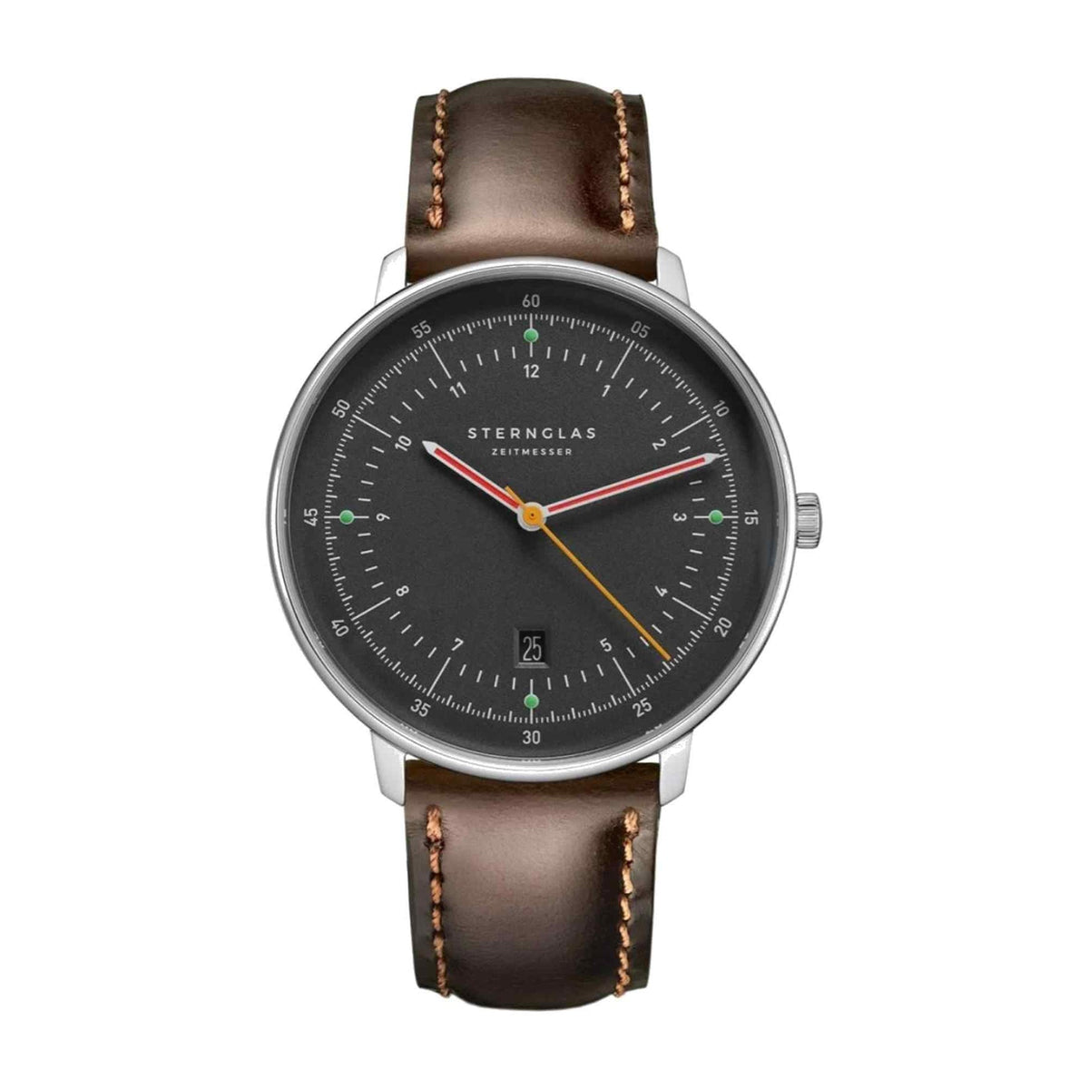 Sternglas HAMBURG 42mm Quartz Watch S01-HH39-BR03, Graphite Grey Dial, Sapphire Crystal, Bridle Dark Brown Leather Strap, 5 ATM Water Resistant
