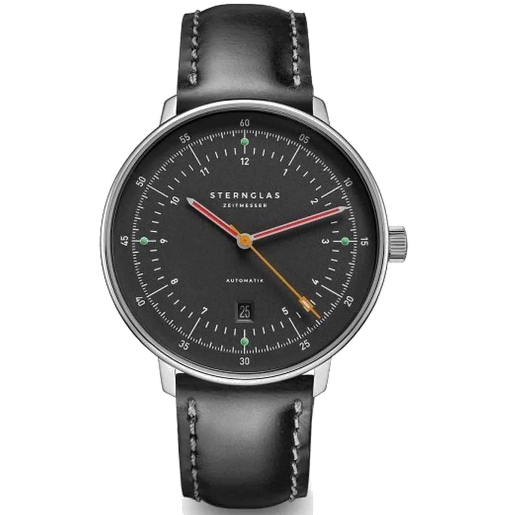 Sternglas HAMBURG Automatik 42mm Watch S02-HH39-BR02, Graphite Silver Dial, Sapphire Crystal, Bridle Black Leather Strap, 5 ATM Water Resistant