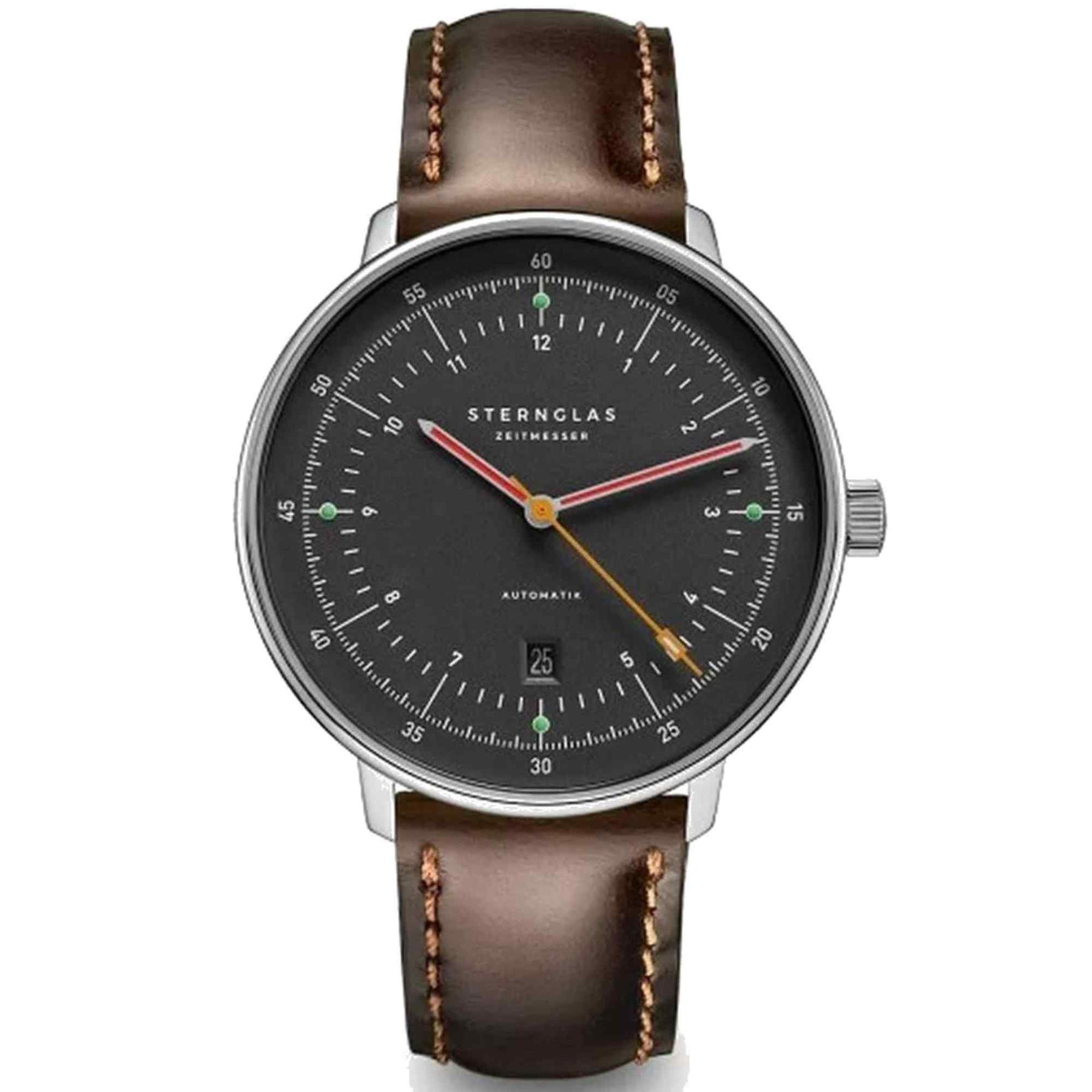Sternglas HAMBURG Automatik 42mm Watch S02-HH39-BR03, Graphite Silver Dial, Sapphire Crystal, Bridle Dark Brown Leather Strap, 5 ATM Water Resistant