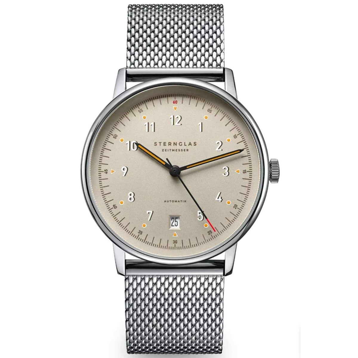 Sternglas LUMATIK 38mm Automatic Watch S02-LM26-MI04, Beige Silver Dial, Sapphire Crystal, Milanaise Silver Strap, 5 ATM Water Resistant