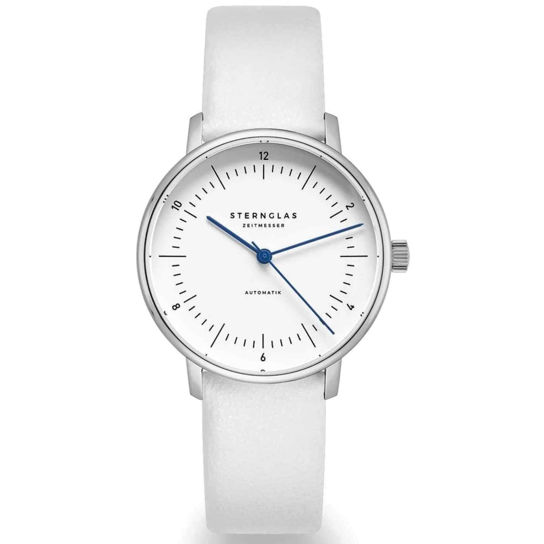 Sternglas NAOS XS Automatik 33mm Silver Watch S02-ND01-KL12 – White Dial, Sapphire Crystal, White Leather Strap, 5 ATM Water Resistant