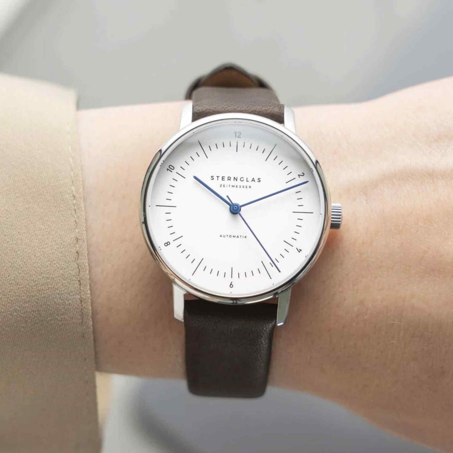 Sternglas NAOS XS Automatik 33mm Watch S02-ND01-KL17 – White Dial, Sapphire Crystal, Dark Brown Leather Strap, 5 ATM Water Resistant