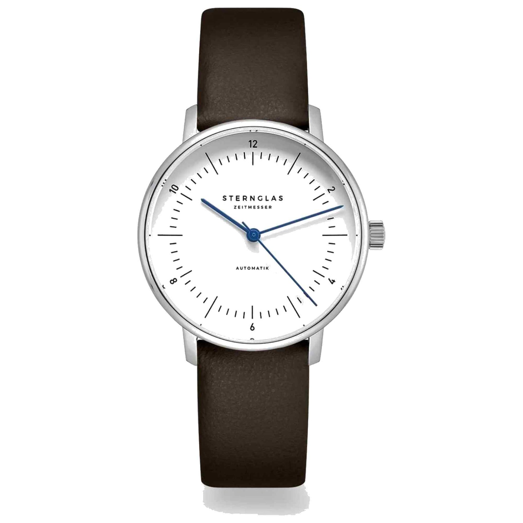 Sternglas NAOS XS Automatik 33mm Watch S02-ND01-KL17 – White Dial, Sapphire Crystal, Dark Brown Leather Strap, 5 ATM Water Resistant