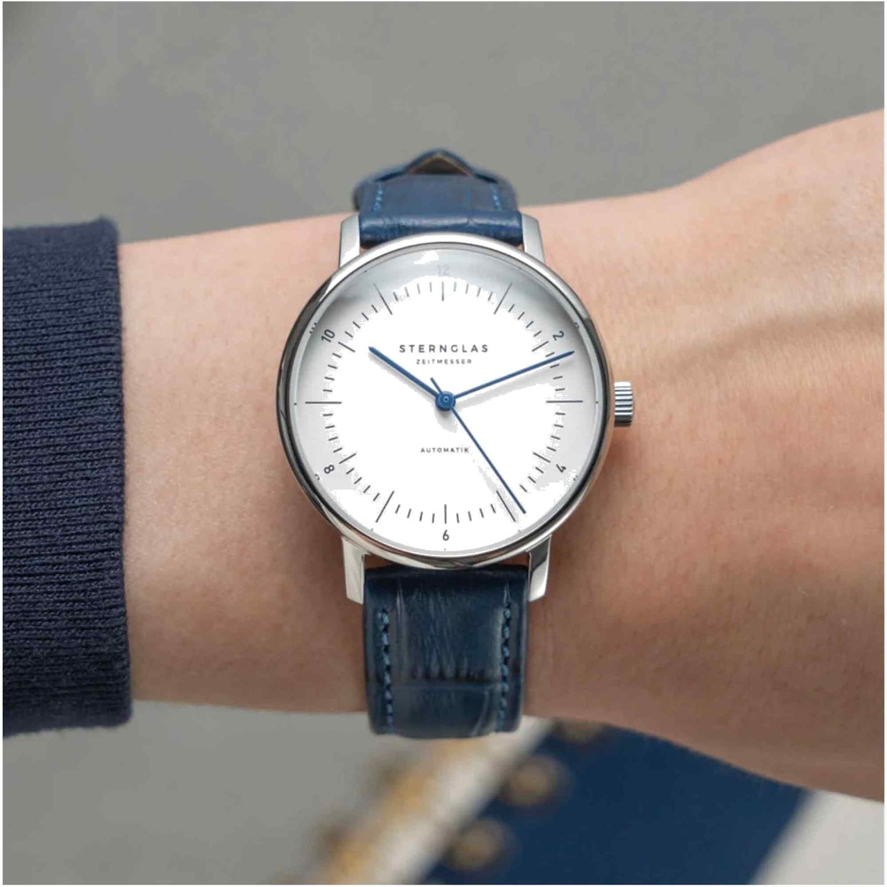 Sternglas NAOS XS 33mm Automatic Watch S02-ND01-NB02, White Dial, Sapphire Crystal, Gold Case, Dark Blue Leather Strap, 5 ATM Water Resistant