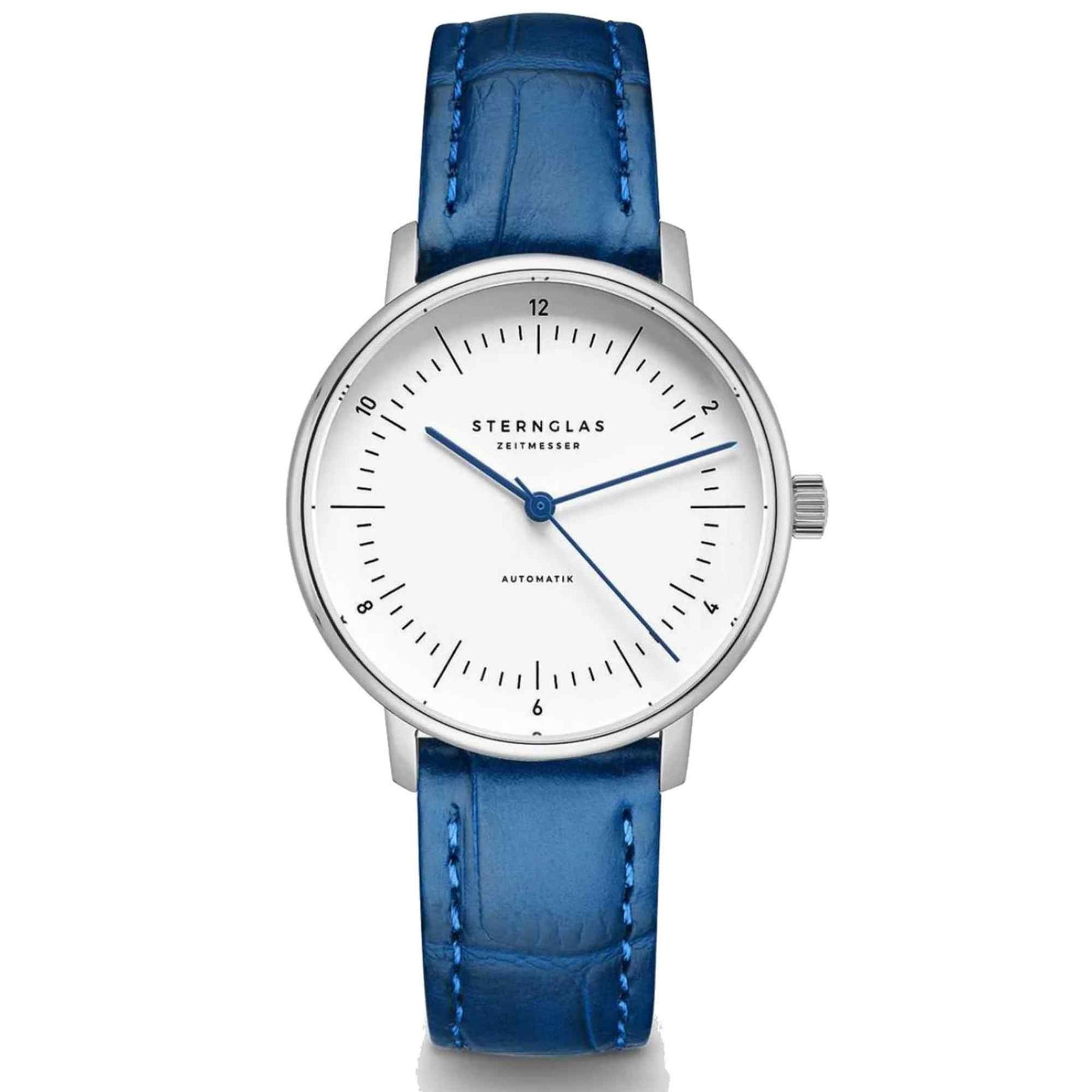 Sternglas NAOS XS 33mm Automatic Watch S02-ND01-NB02, White Dial, Sapphire Crystal, Gold Case, Dark Blue Leather Strap, 5 ATM Water Resistant