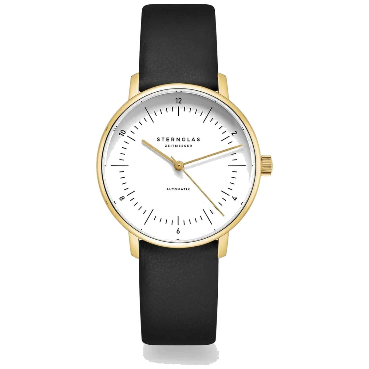 Sternglas NAOS XS 33mm Automatic Watch S02-ND02-KL08, White Dial, Sapphire Crystal, Gold Case, Black Leather Strap, 5 ATM Water Resistant