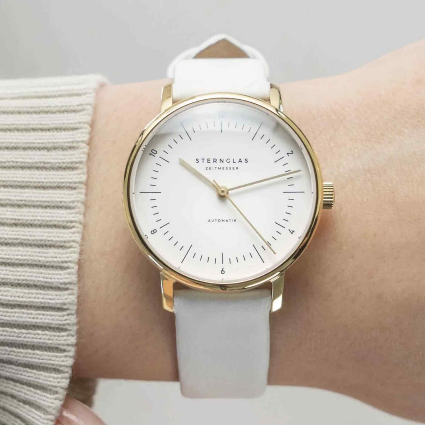 Sternglas NAOS XS Automatik 33mm Wristwatch S02-ND02-KL13, White Dial, Sapphire Crystal, White Leather Strap, 5 ATM Water Resistant