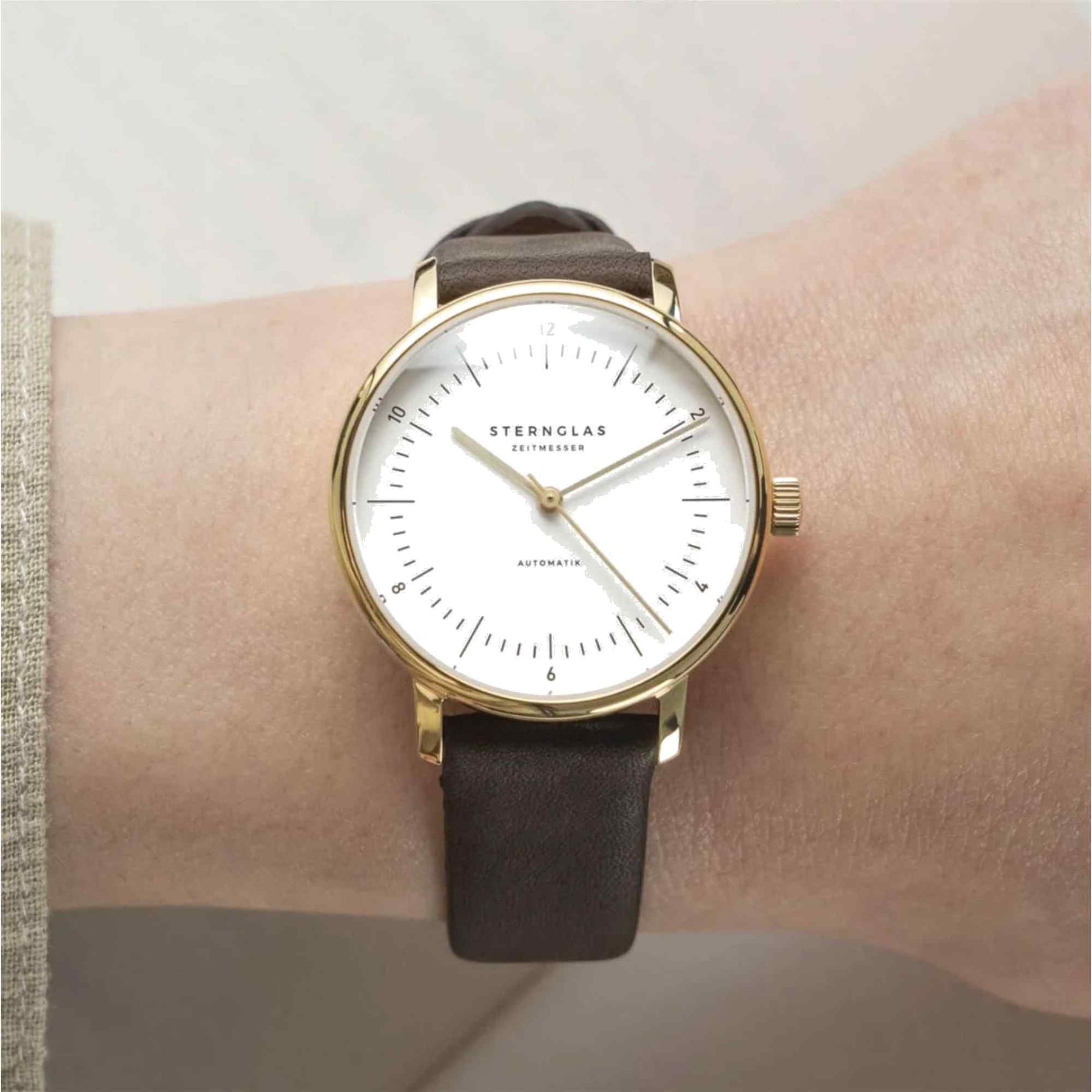 Sternglas NAOS XS  Automatik 33mm Watch S02-ND02-KL18, White Dial, Sapphire Crystal, Gold Case, Dark Brown Leather Strap, 5 ATM Water Resistant