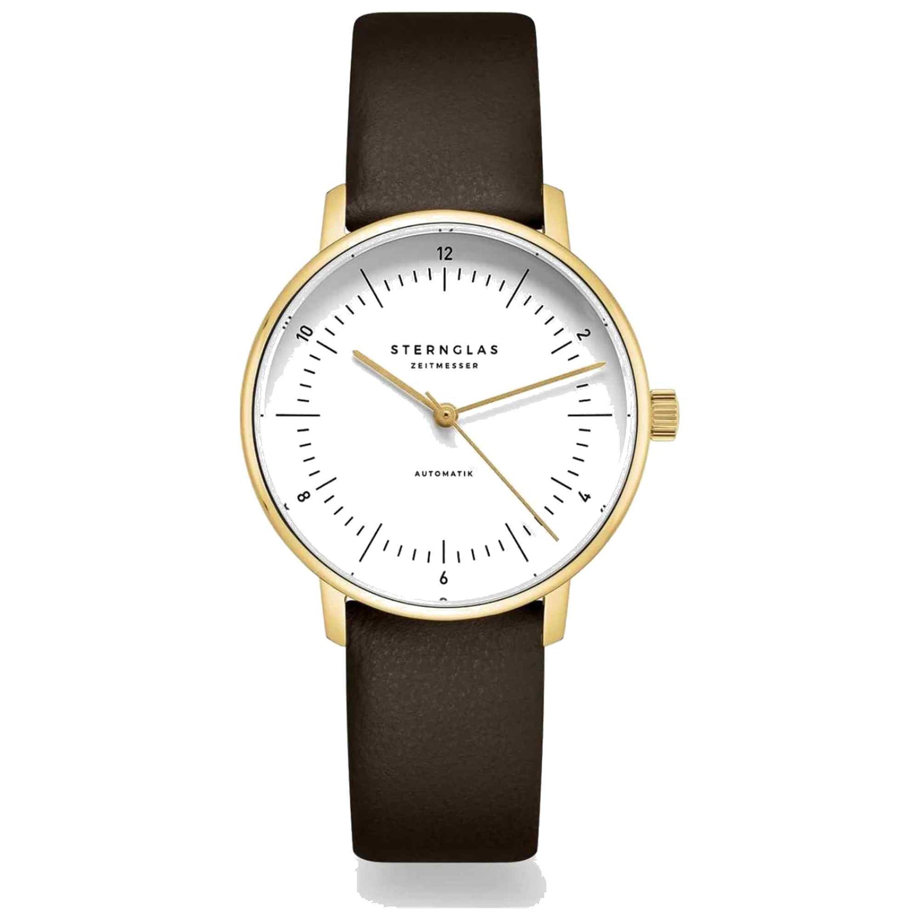 Sternglas NAOS XS  Automatik 33mm Watch S02-ND02-KL18, White Dial, Sapphire Crystal, Gold Case, Dark Brown Leather Strap, 5 ATM Water Resistant