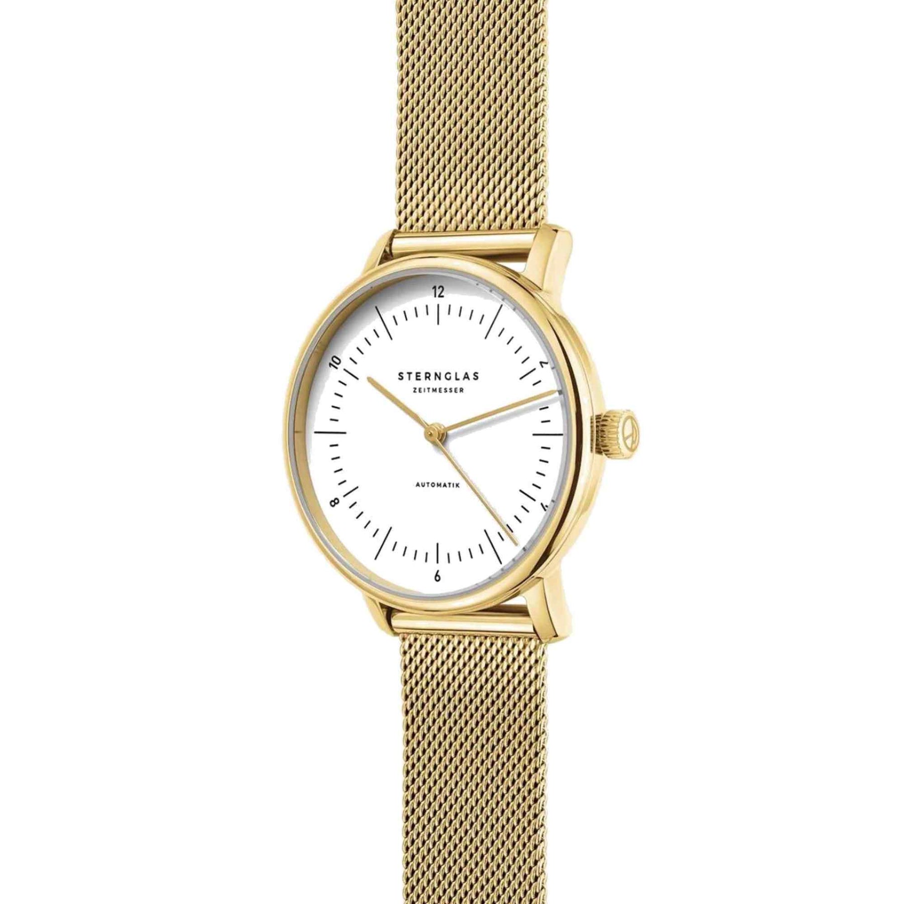 Sternglas NAOS XS 33mm Automatic Watch S02-ND02-MI07, White Dial, Sapphire Crystal, Gold Case, Gold Milanese Strap, 5 ATM Water Resistant