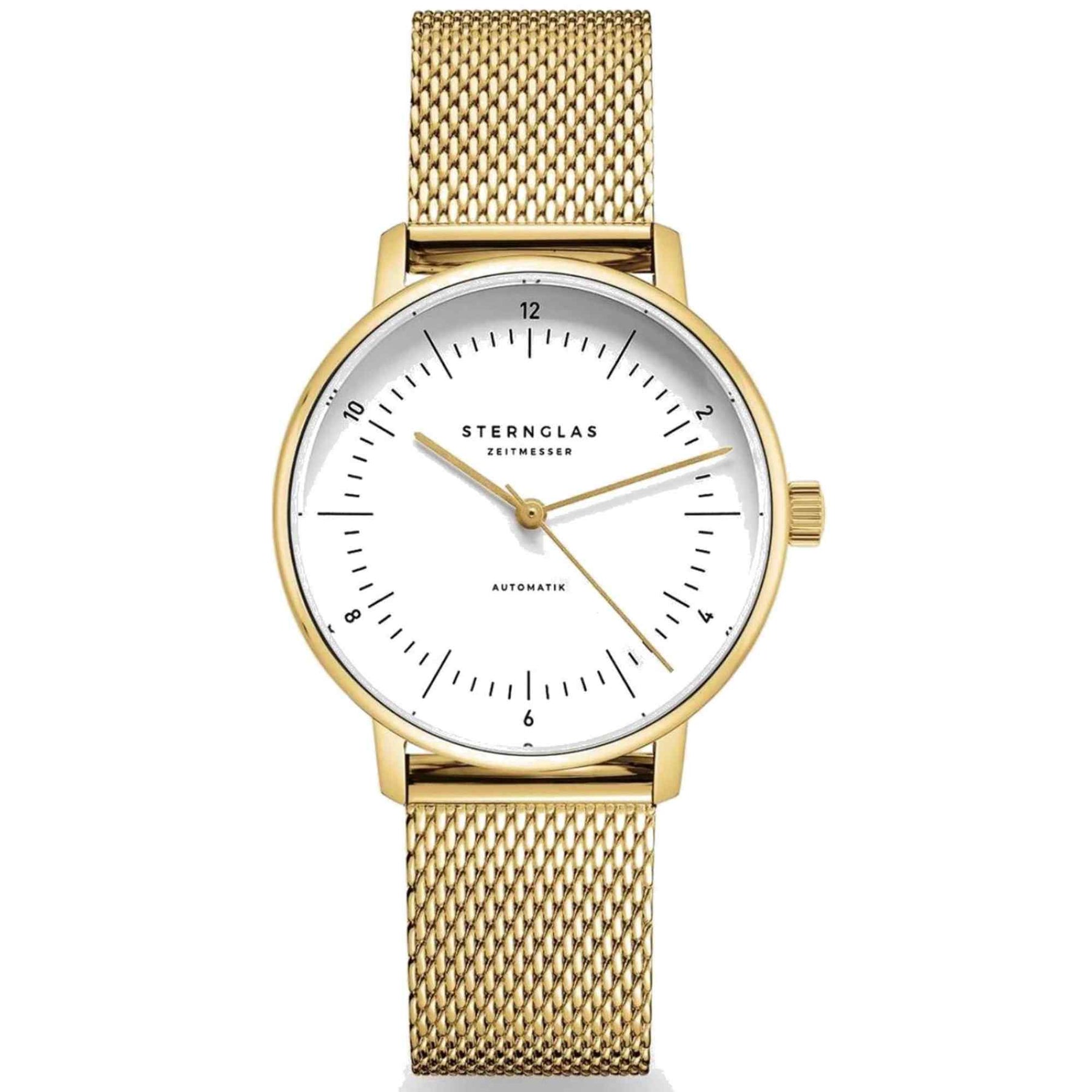 Sternglas NAOS XS 33mm Automatic Watch S02-ND02-MI07, White Dial, Sapphire Crystal, Gold Case, Gold Milanese Strap, 5 ATM Water Resistant