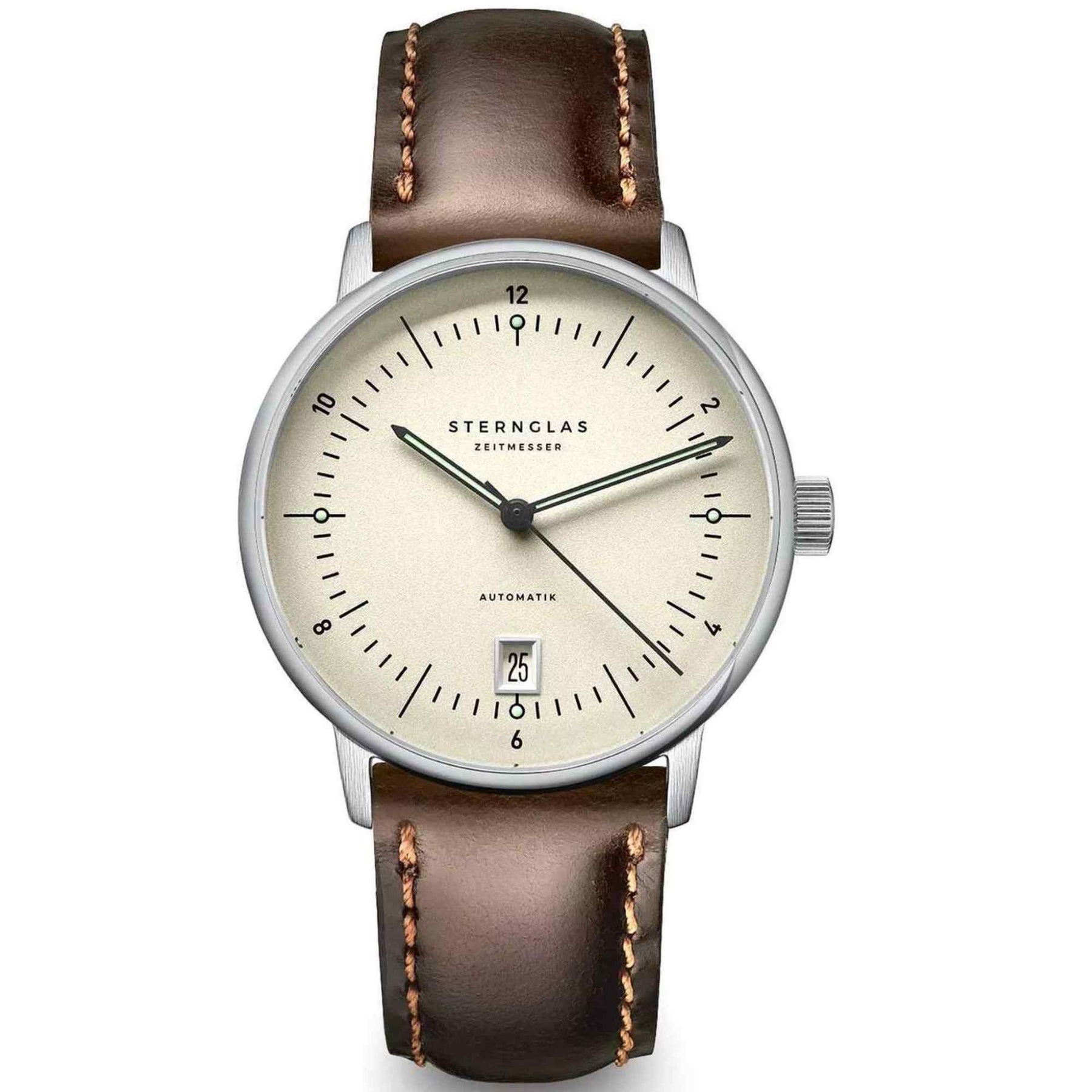 Sternglas NAOS PRO Automatik 38mm Watch S02-NP26-BR03, Alabaster Dial, Sapphire Crystal, Bridle Dark Brown Leather Strap, 5 ATM Water Resistant