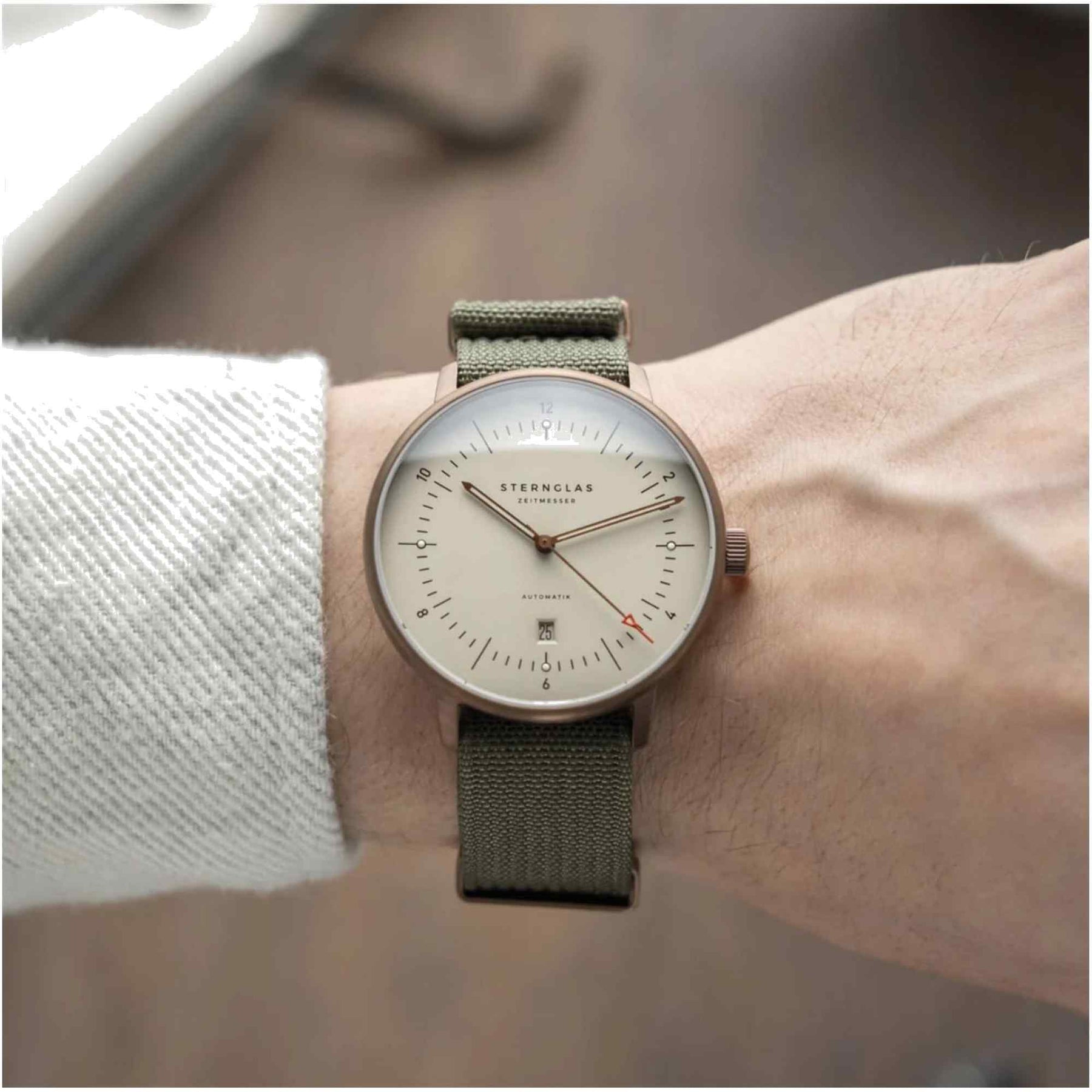 Sternglas NAOS XL 42mm Automatic Watch S02-NX42-FI05, Alabaster Dial, Sapphire Crystal, Field Green Nylon Strap, 5 ATM Water Resistant