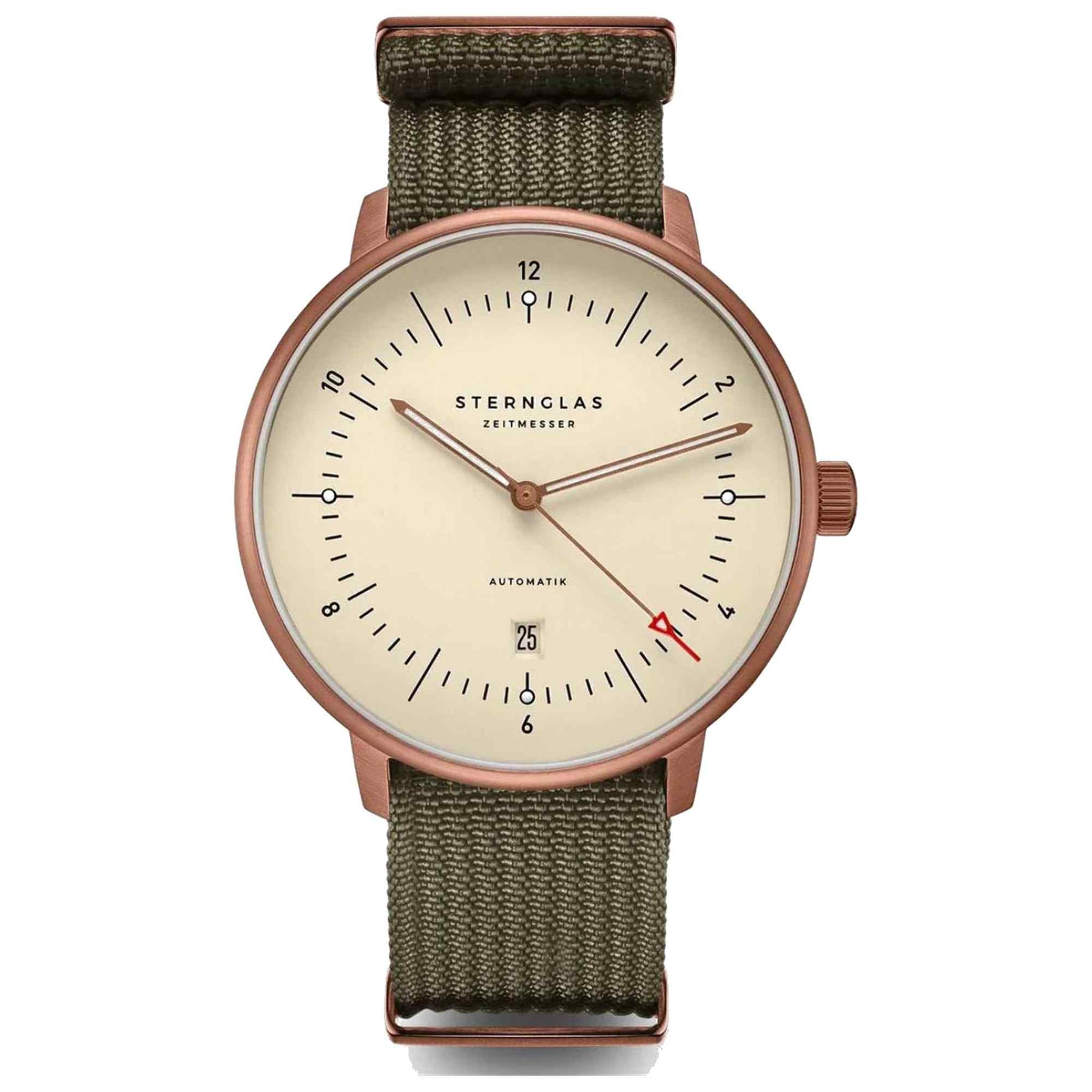 Sternglas NAOS XL 42mm Automatic Watch S02-NX42-FI05, Alabaster Dial, Sapphire Crystal, Field Green Nylon Strap, 5 ATM Water Resistant