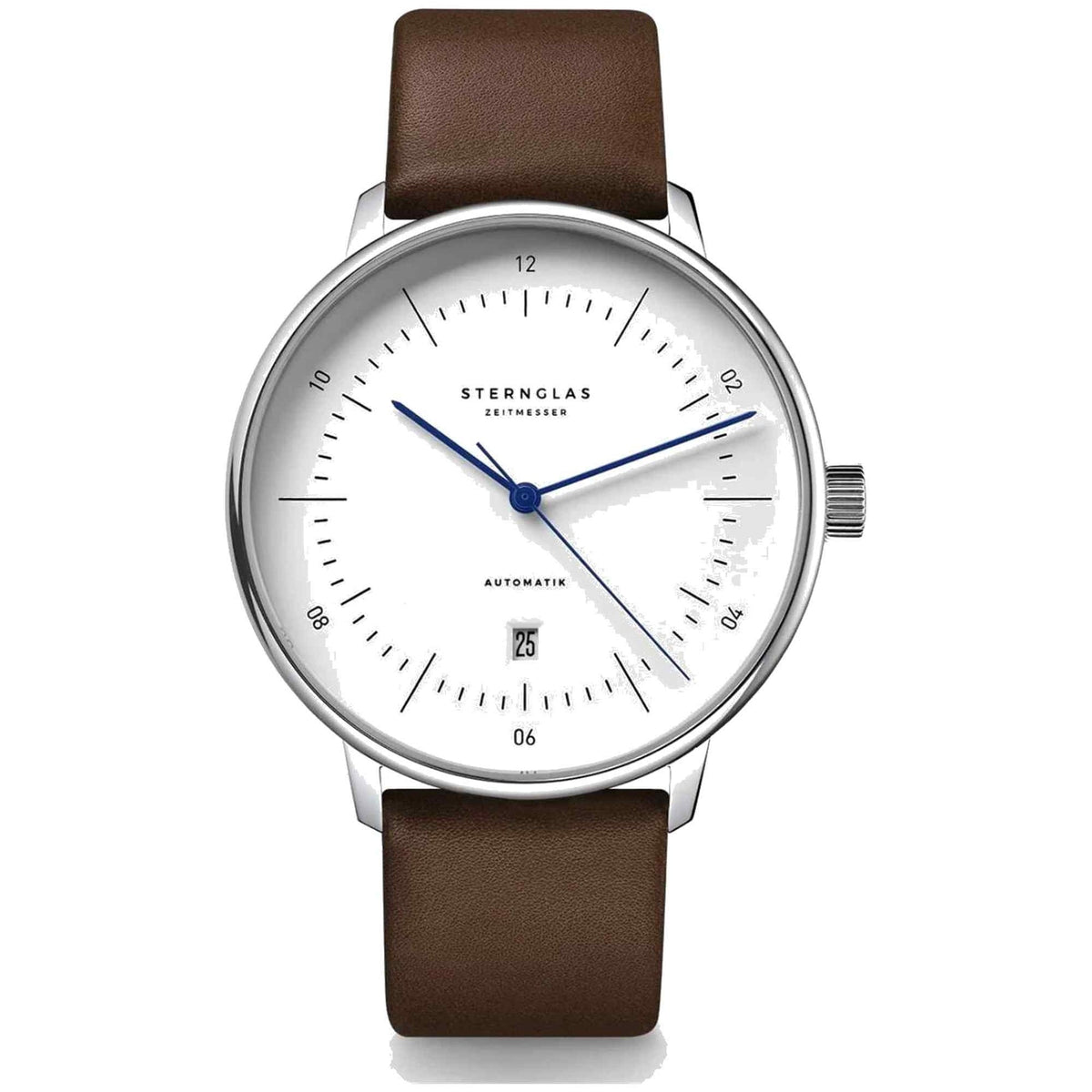 Sternglas Naos XL Automatik 42 mm Watch S02-NX44-PR04, White Dial, Sapphire Crystal, Premium Dark Brown Leather Strap, 5 ATM Water Resistant
