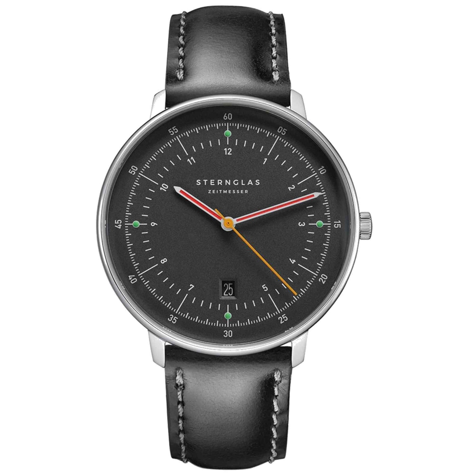 Sternglas HAMBURG 42mm Quartz Watch S01-HH39-BR02, Graphite Grey Dial, Sapphire Crystal, Bridle Black Leather Strap, 5 ATM Water Resistant