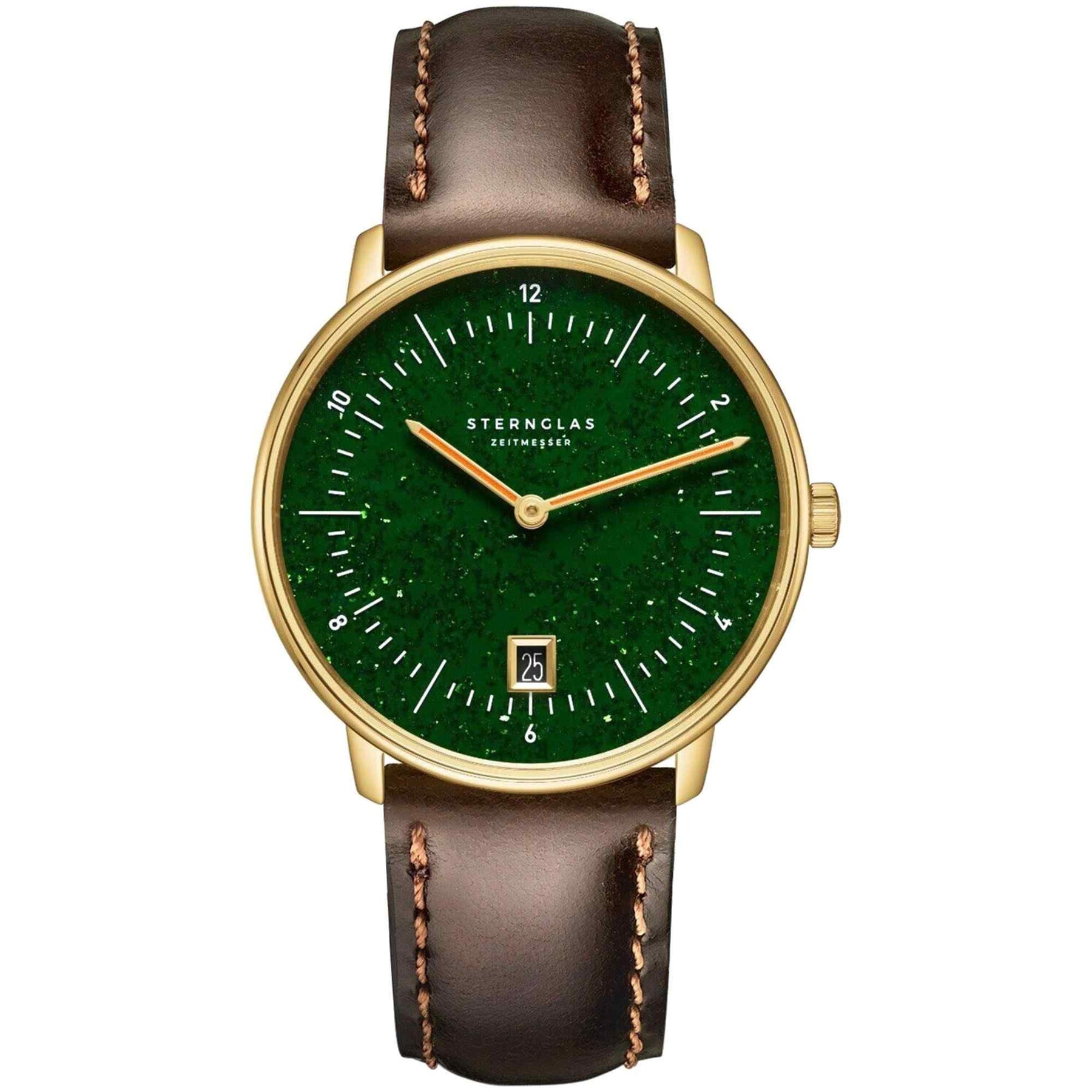 Sternglas NAOS Edition Aventurin 38mm Quartz Watch S01-NAN41-BR01, Dark Green Aventurine Dial, Sapphire Crystal, Gold PVD Case, Dark Brown Leather Strap, 5 ATM Water Resistant