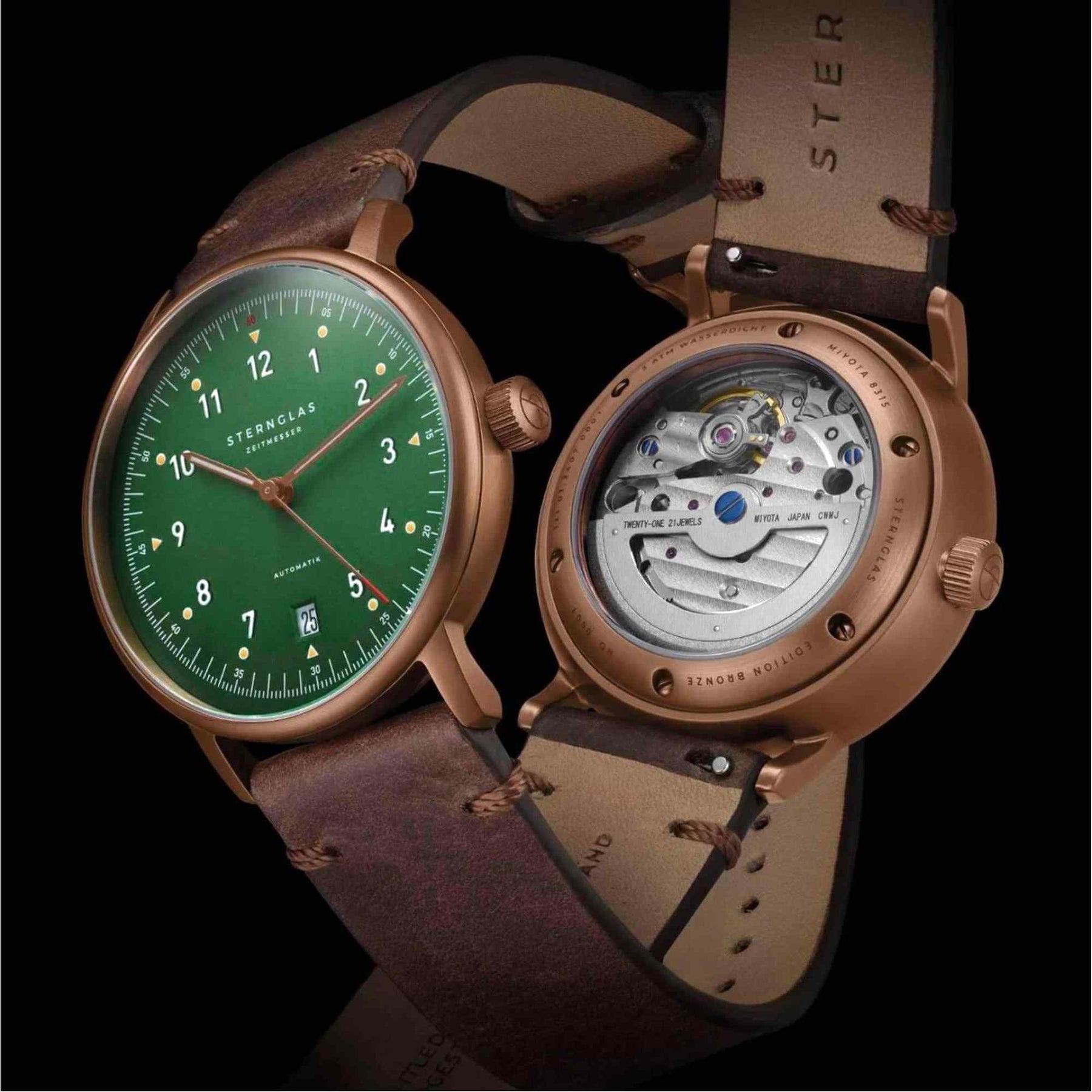 Sternglas Lumatik Edition 38mm Watch S02-LMR19-VI17, Green Dial, Sapphire Crystal, Vintage Mocha Leather Strap, 5 ATM Water Resistant