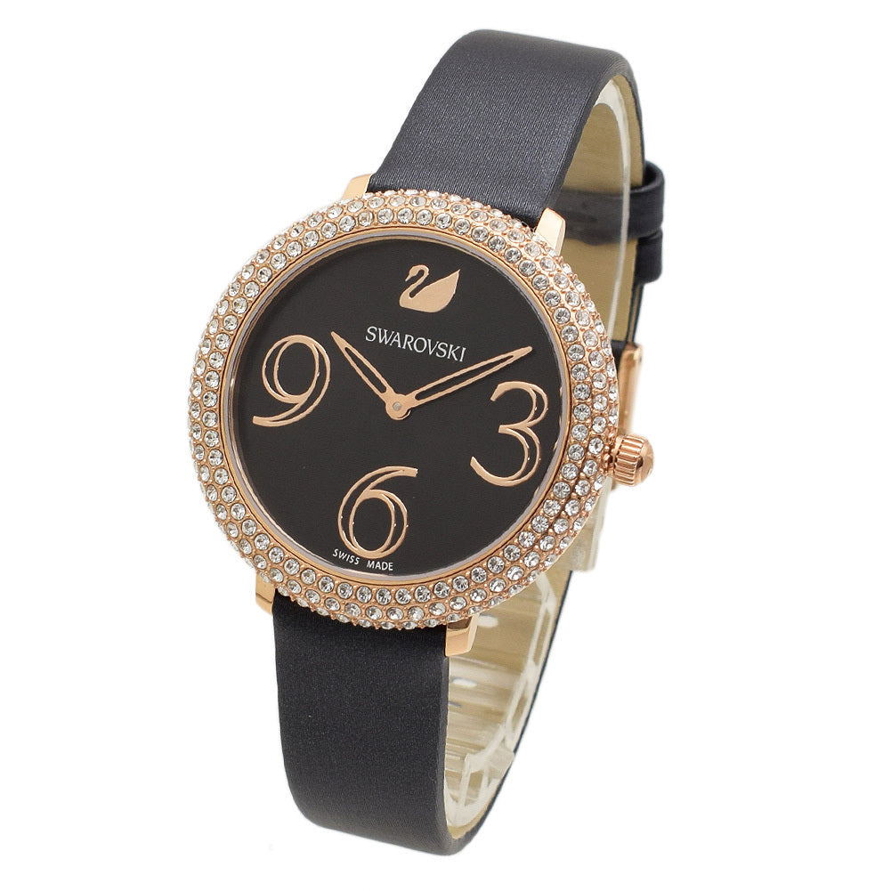 Swarovski Crystal Frost Black Dial Watch – Rose Gold PVD Case & Black Leather Strap | Swiss Made Women's Timepiece